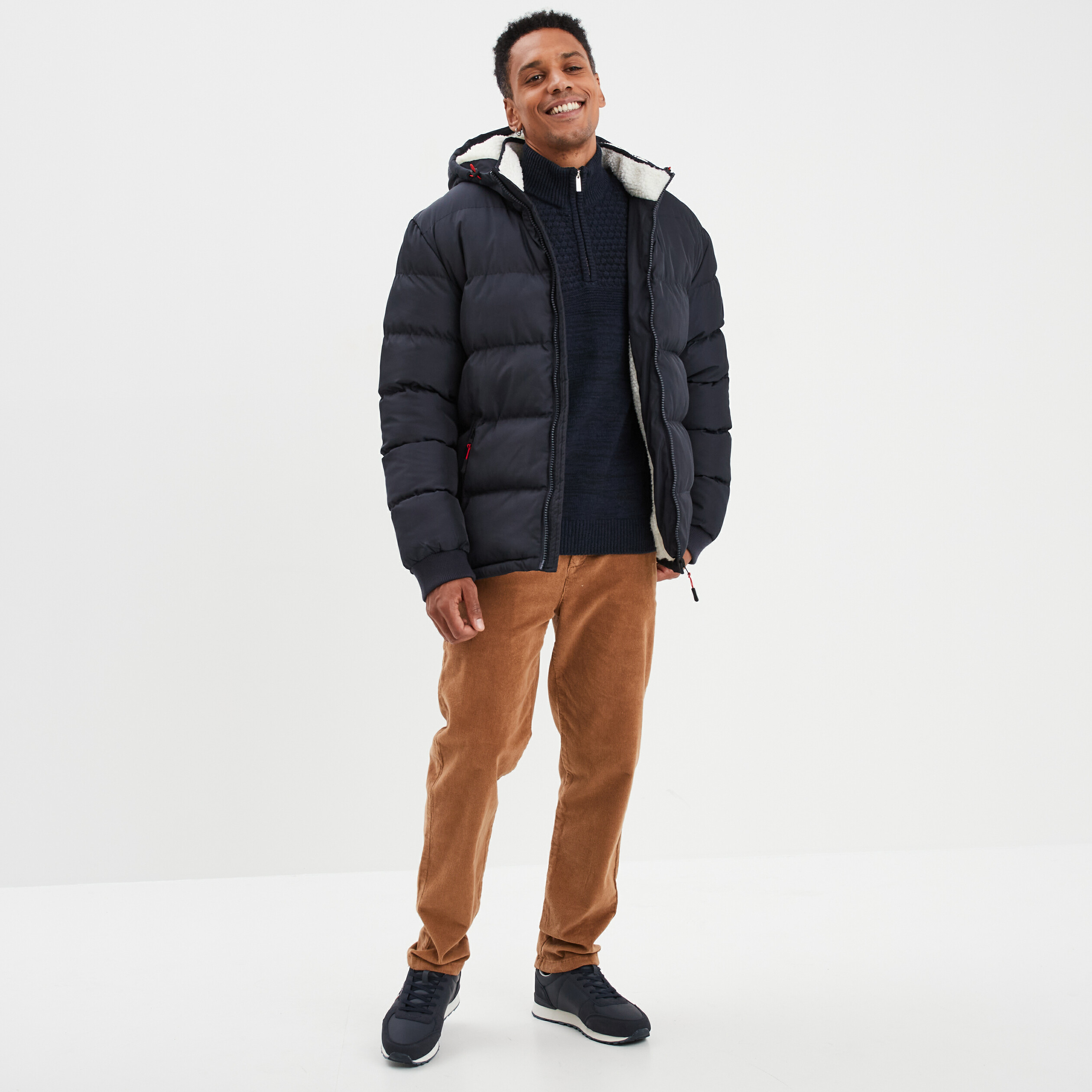 Pull col camionneur zipp&eacute; bleu fonc&eacute; homme