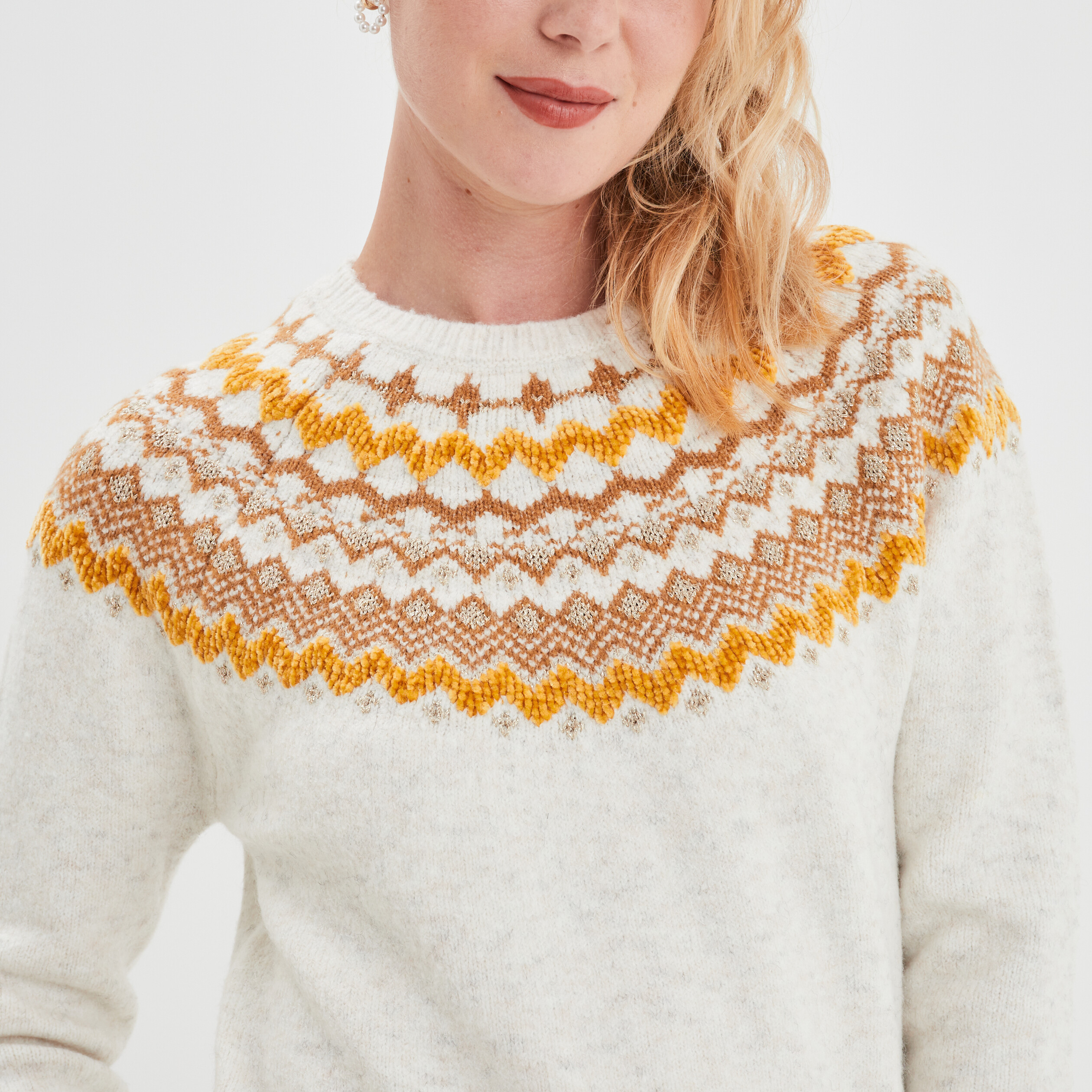 Pull jacquard col rond Creeks blanc femme