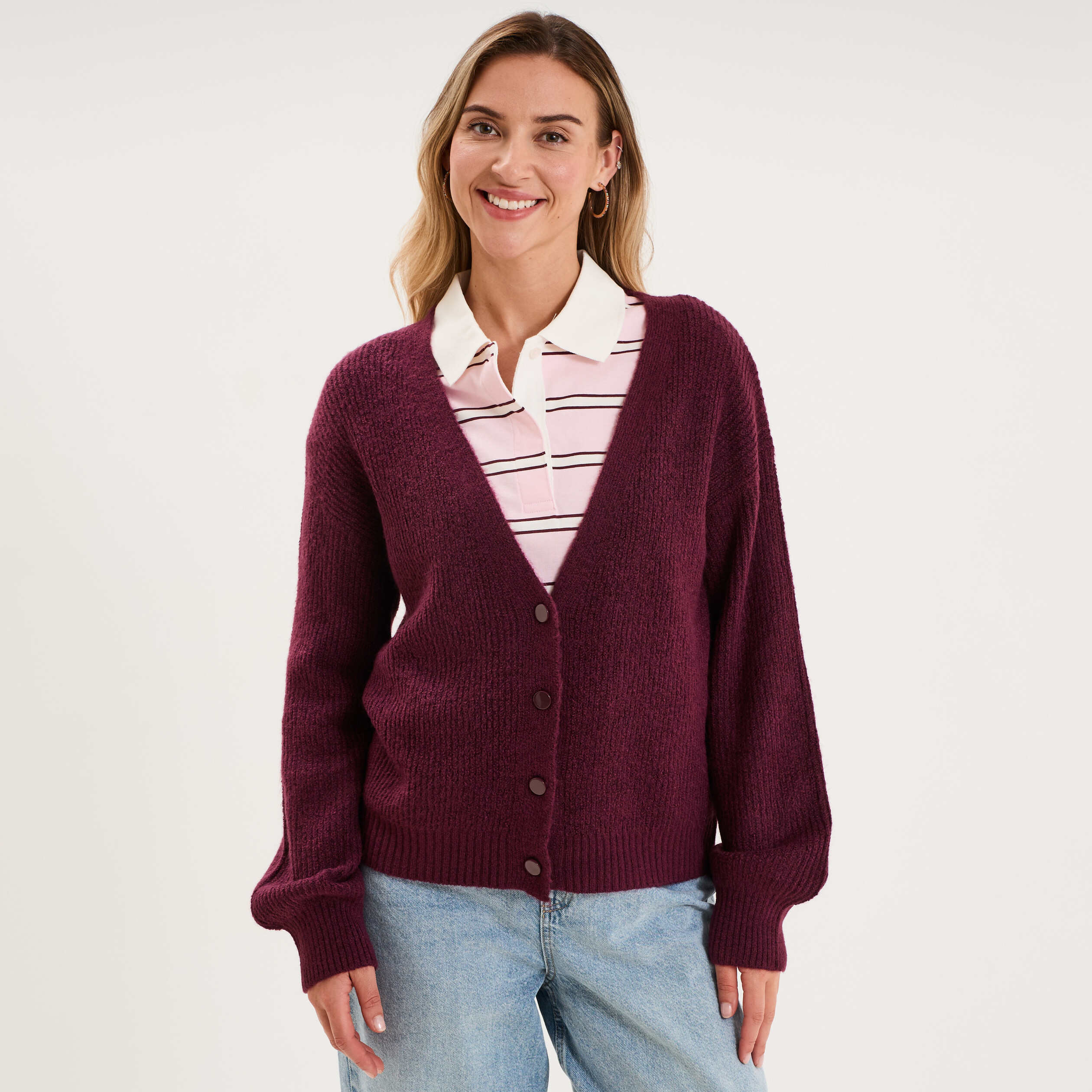 Gilet col en V manches longues ballon prune femme