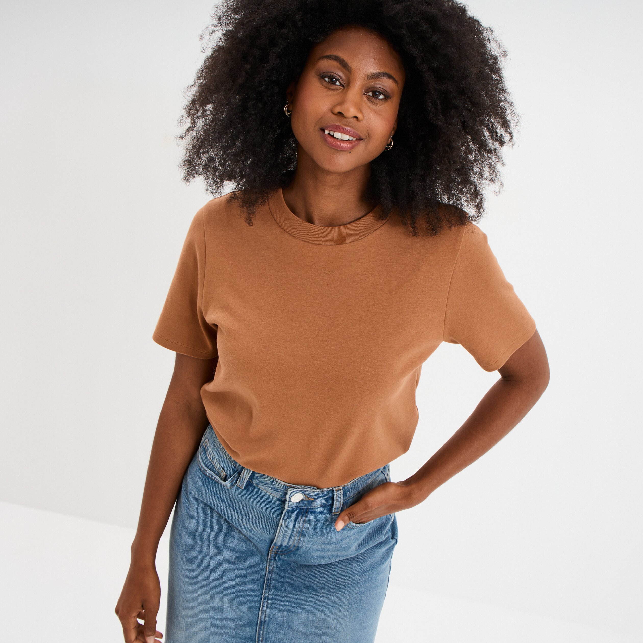 T-shirt col rond manches courtes coton marron clair femme