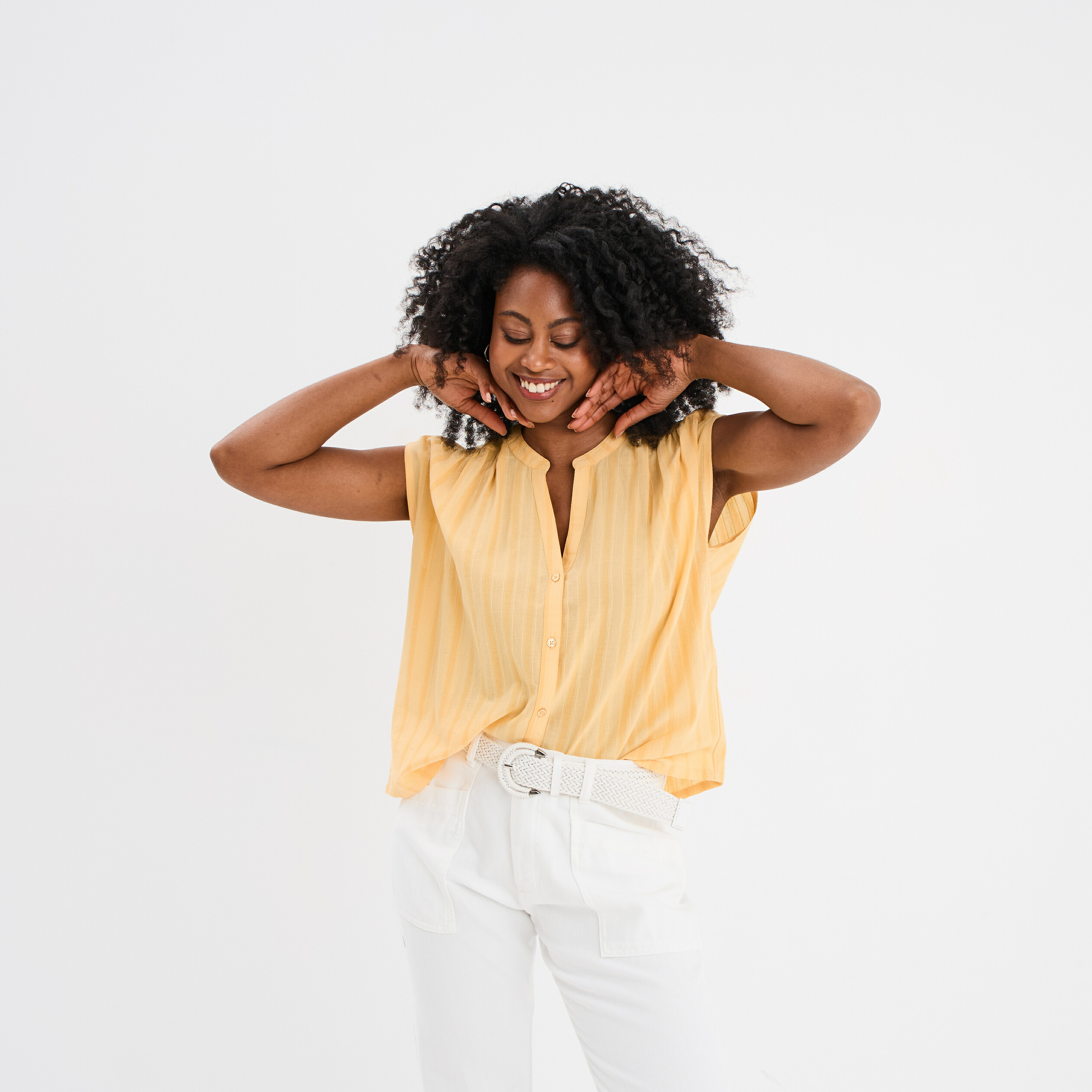 blouse sans manches col tunisien coton jaune clair femme Blouse sans manches col tunisien coton jaune clair femme