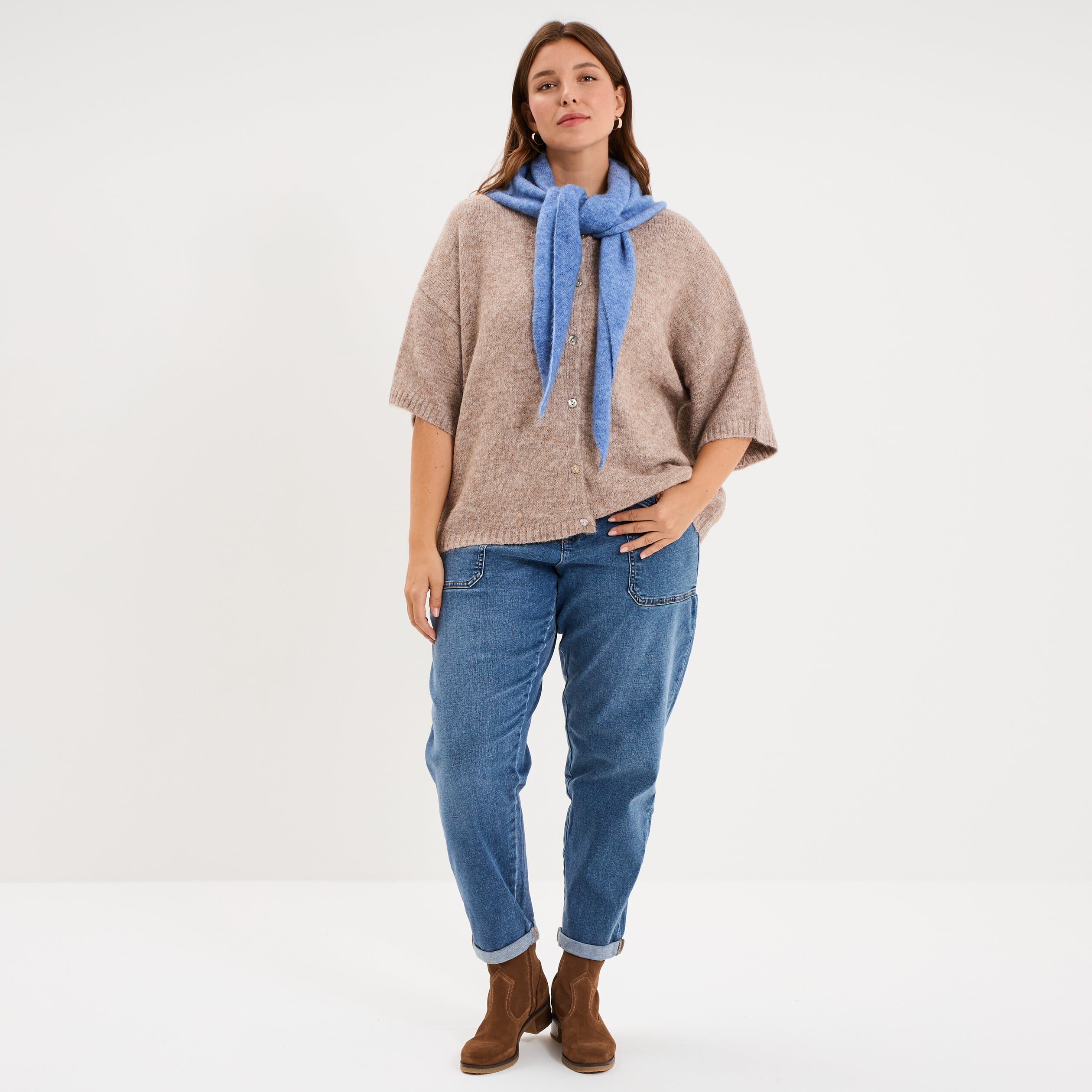 Gilet manches courtes col rond beige femme grande taille