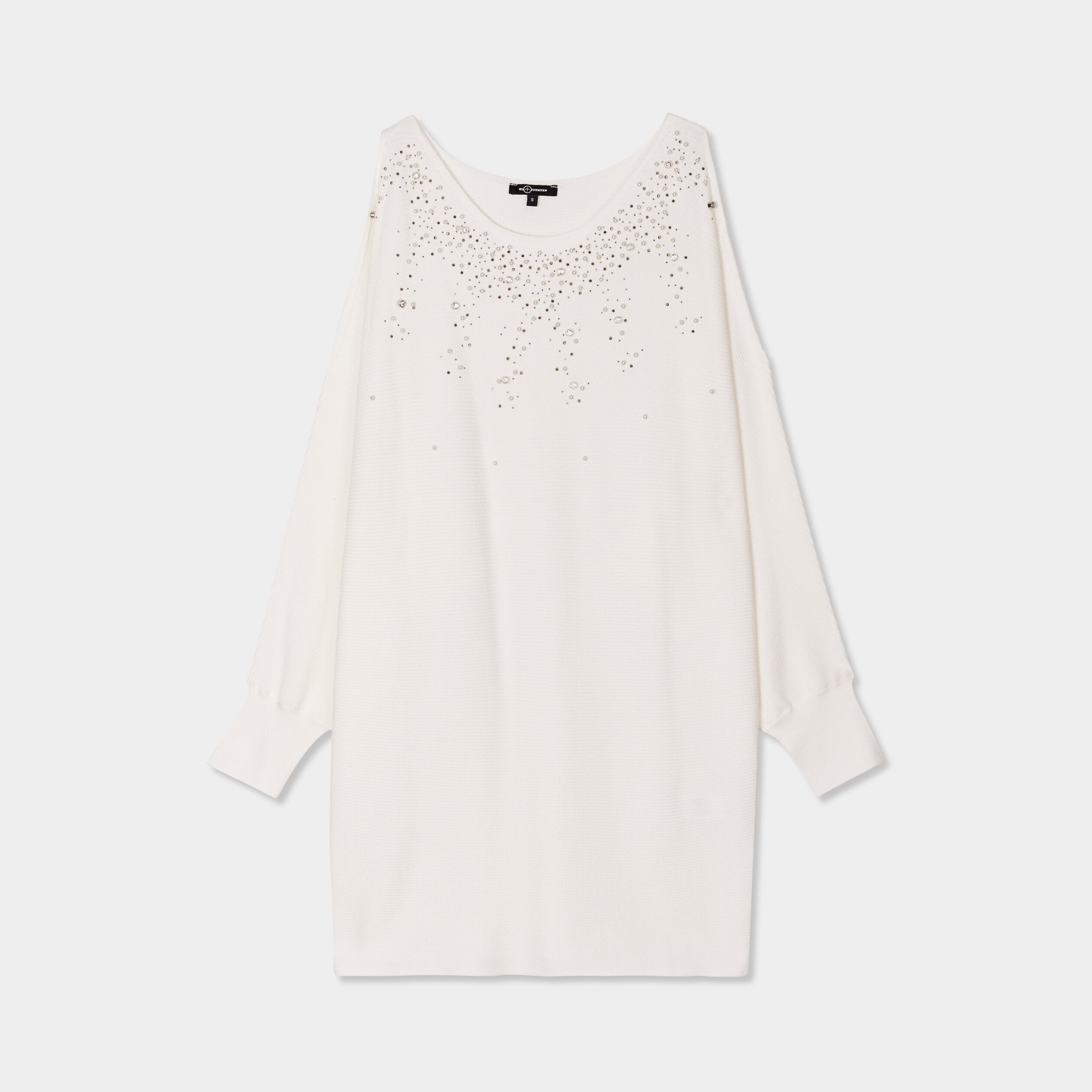 Pull perles et strass au col blanc femme