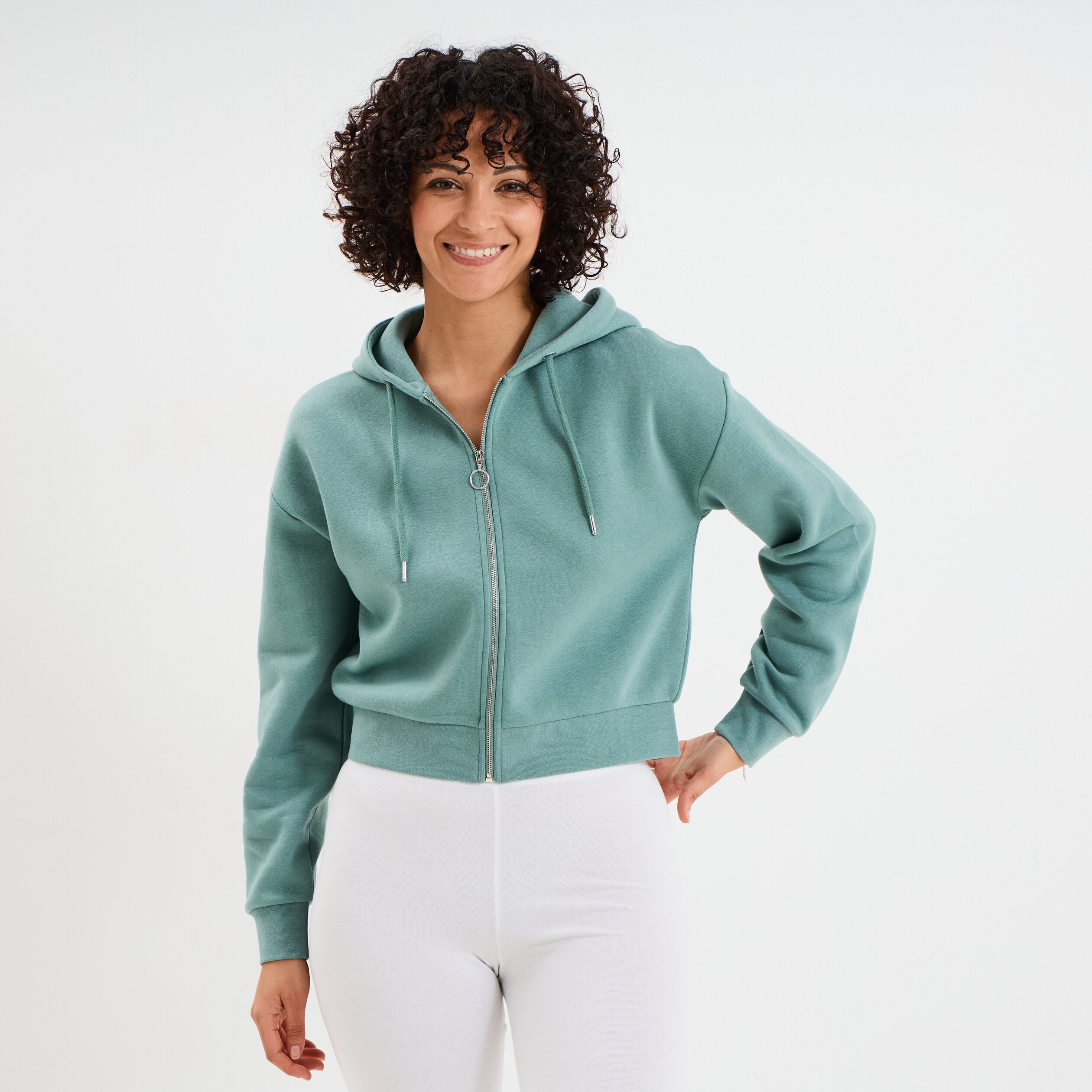 sweat zippe a capuche court bleu gris femme Sweat zippé à capuche court bleu gris femme