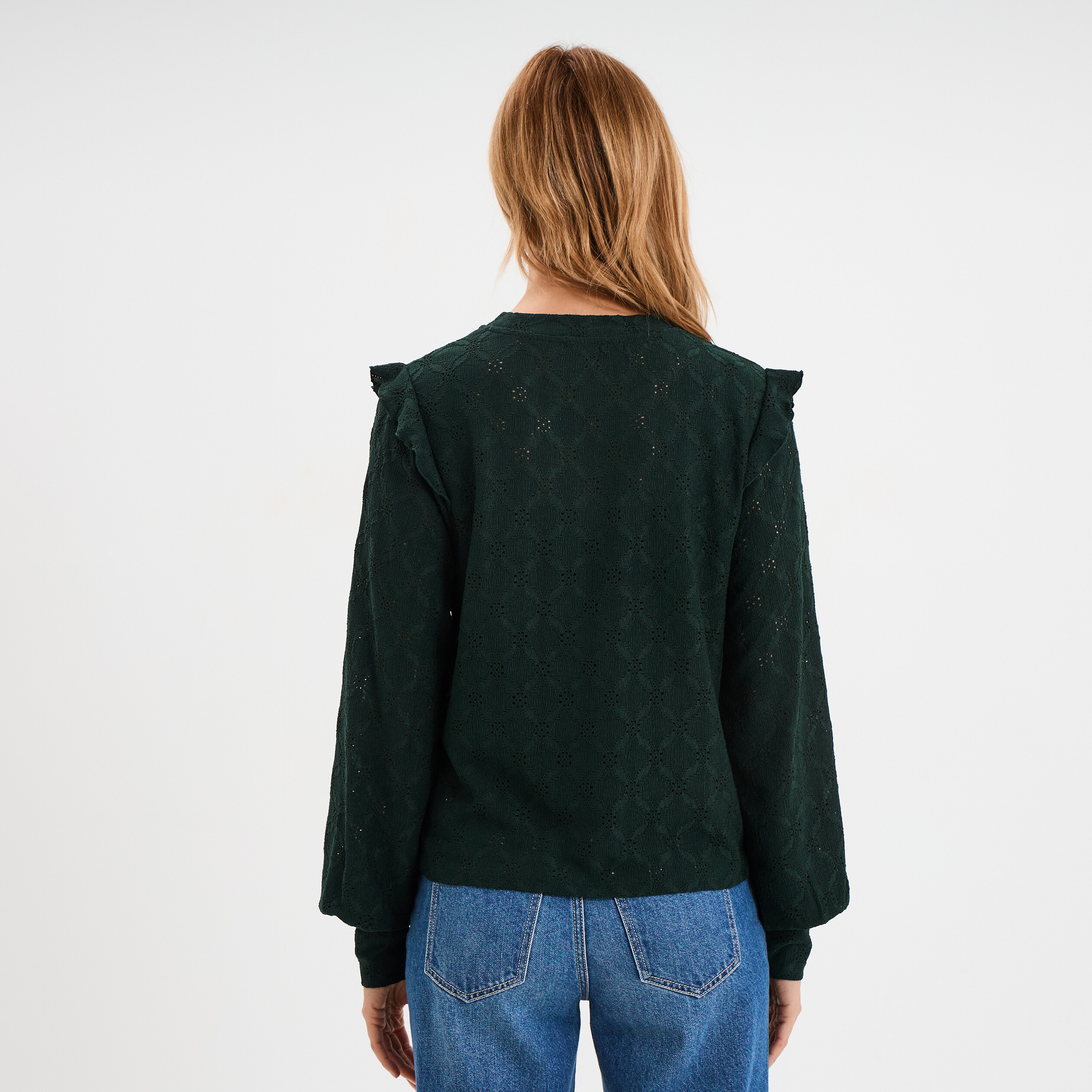 blouse details ajoures et volants vert fonce femme Blouse détails ajourés et volants vert foncé femme