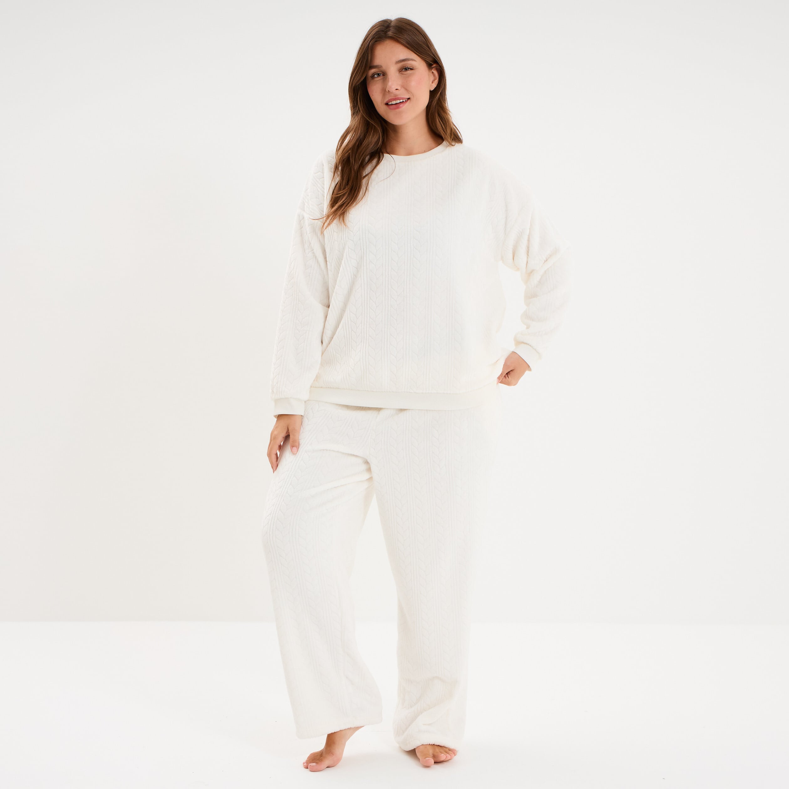 Pantalon effet velours d&eacute;tails torsades blanc femme grande taille