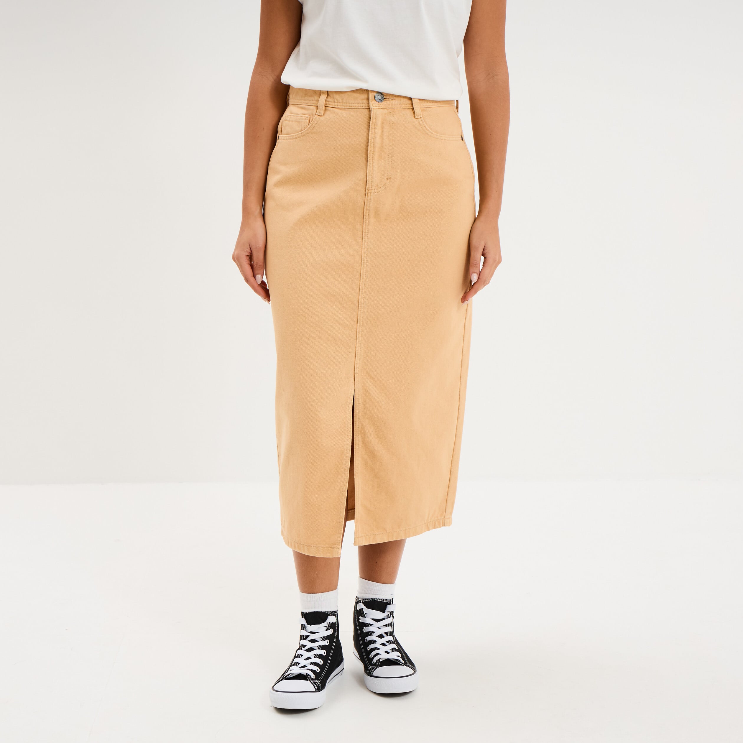 Jupe en jean longue fendue droite beige femme