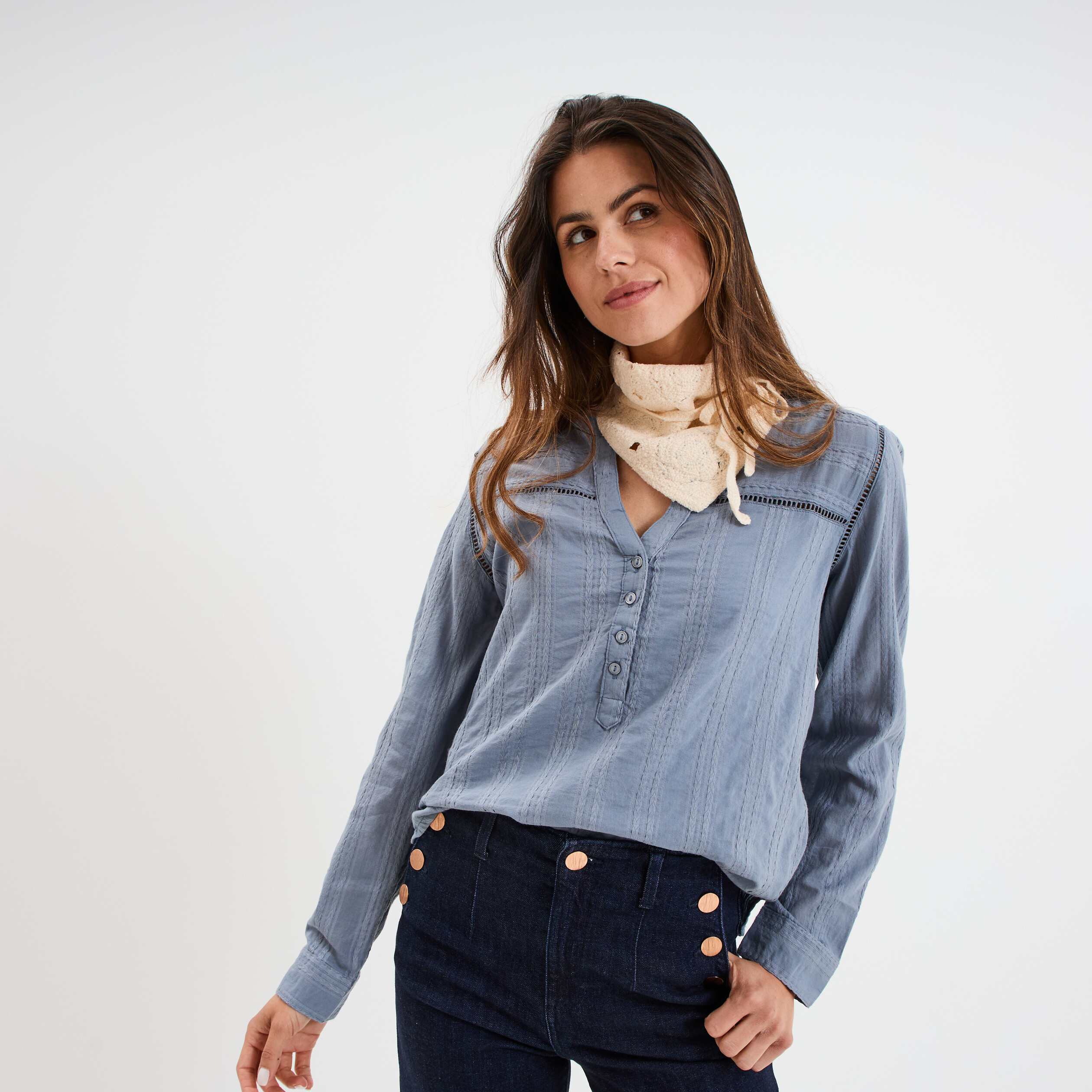 blouse droite col mao coton bleu gris femme Blouse droite col mao coton bleu gris femme