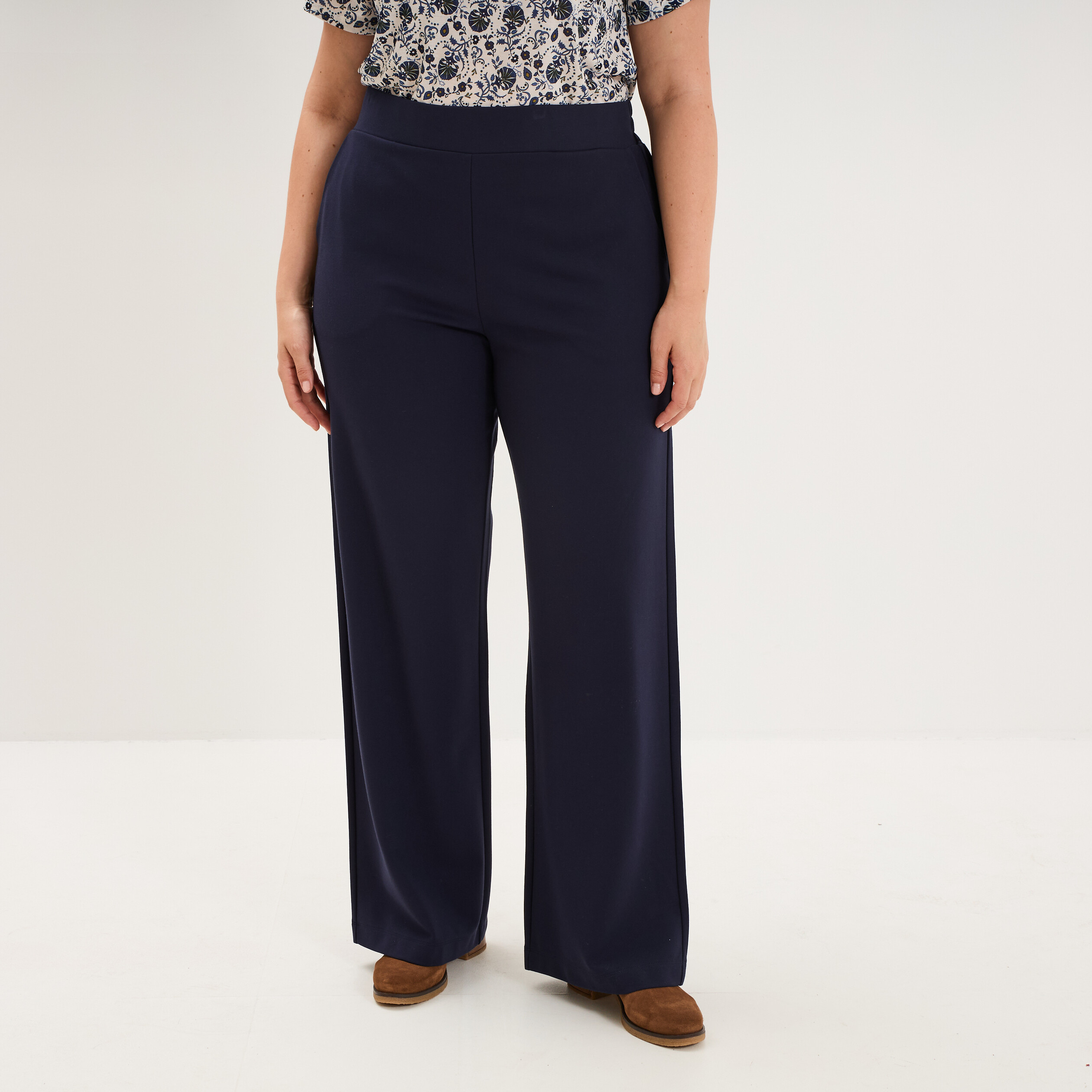 Pantalon large taille haute bleu fonc&eacute; femme grande taille