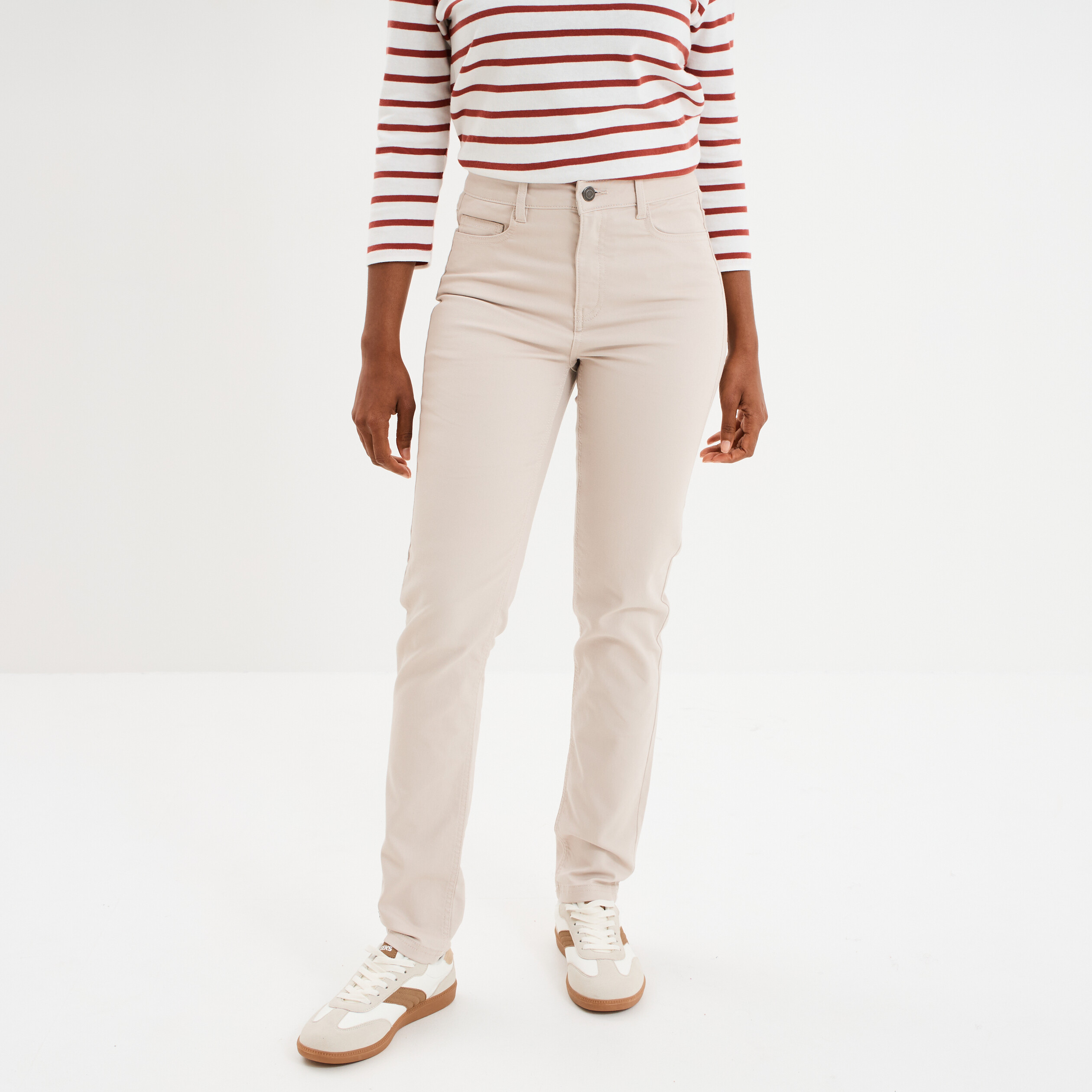 pantalon slim en coton elasthanne beige femme Pantalon slim en coton elasthanne beige femme