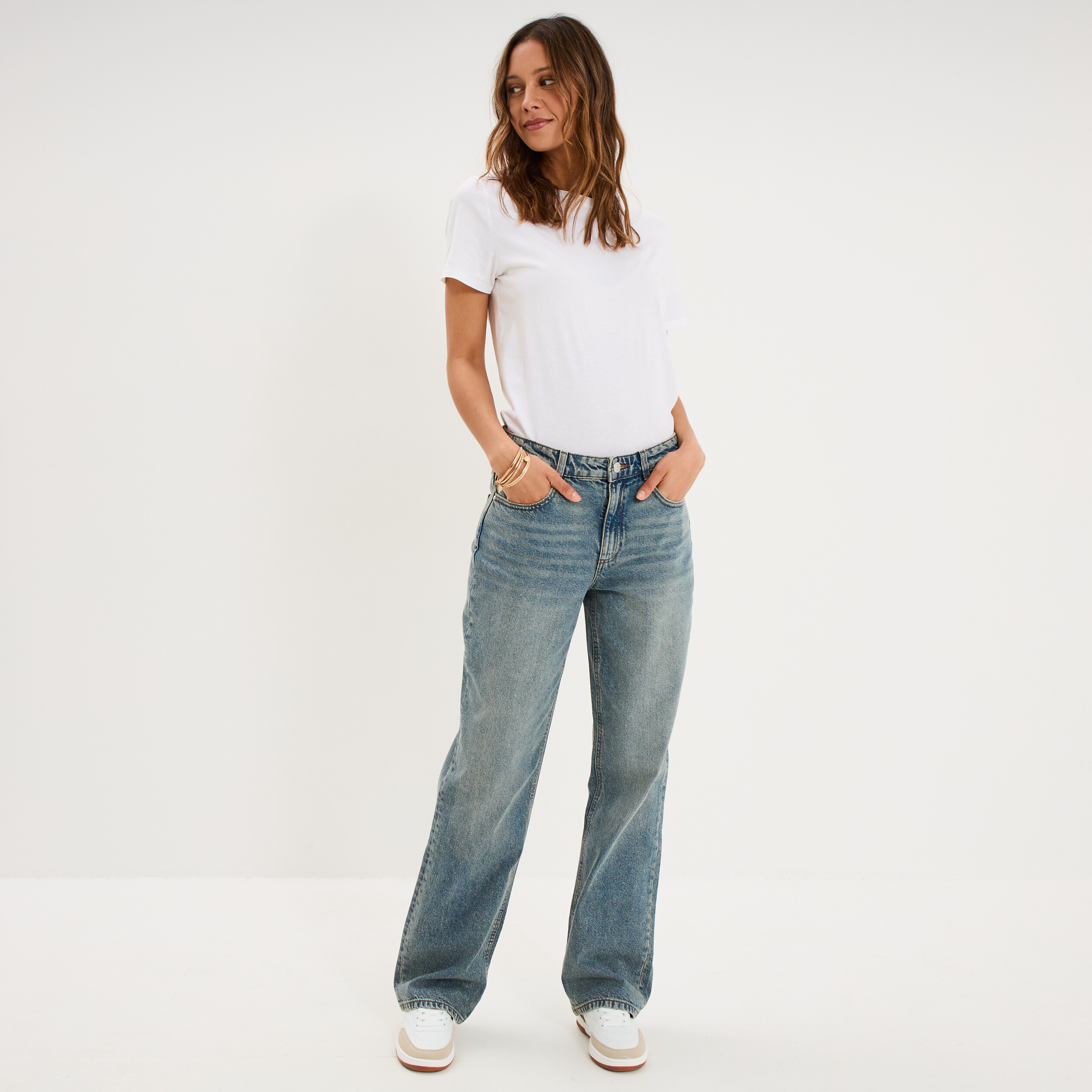 Jean droit taille basse coton denim dirty femme