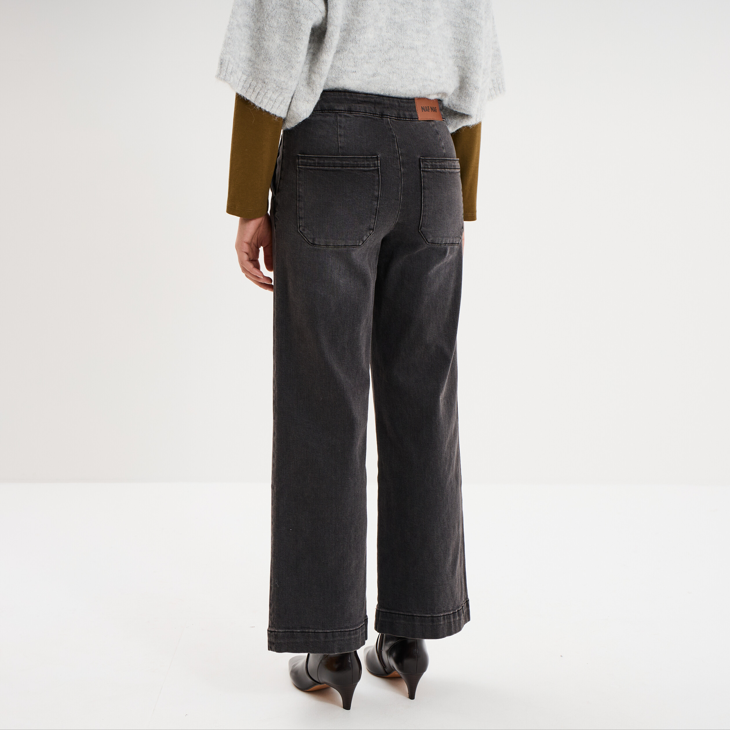 Jean large cropped &agrave; pont taille haute denim noir femme