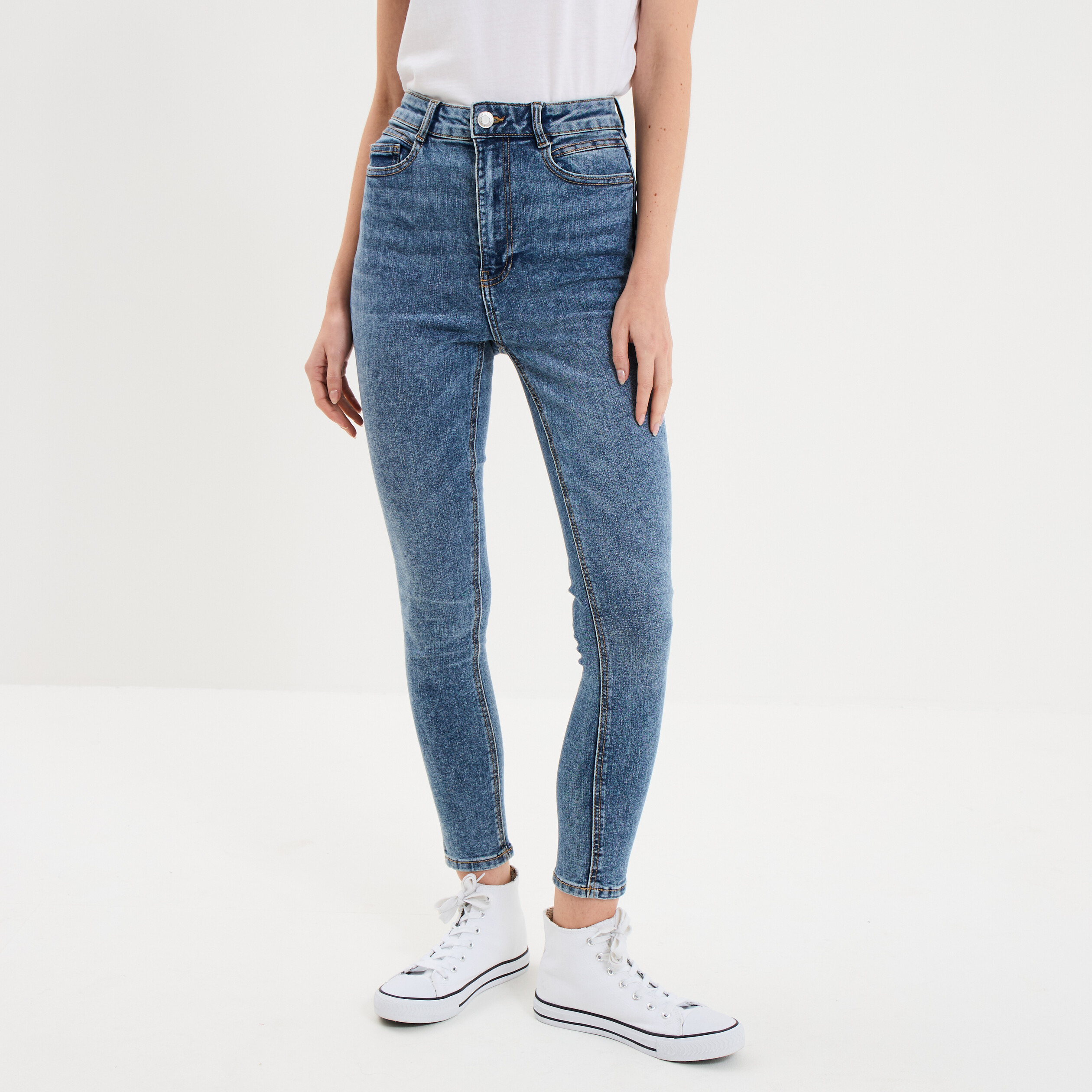 Jeans skinny taille haute cropped denim stone femme