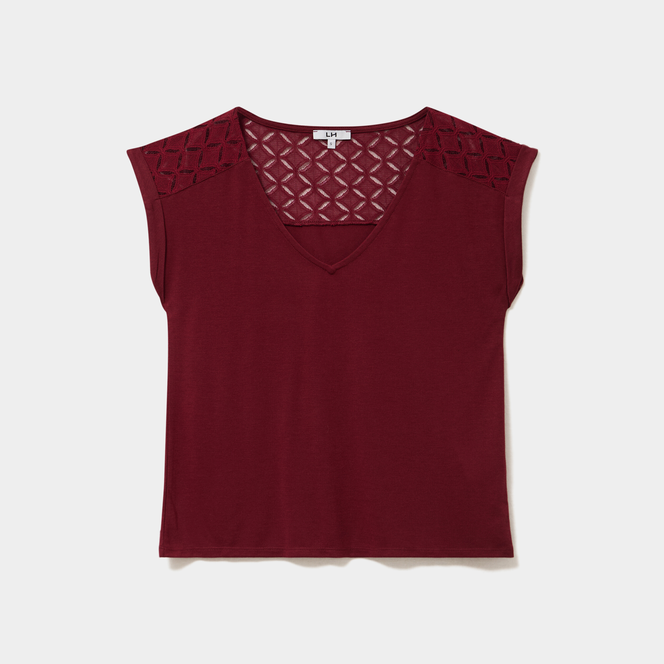 T-shirt col en V ajour&eacute; &eacute;paules et dos bordeaux femme