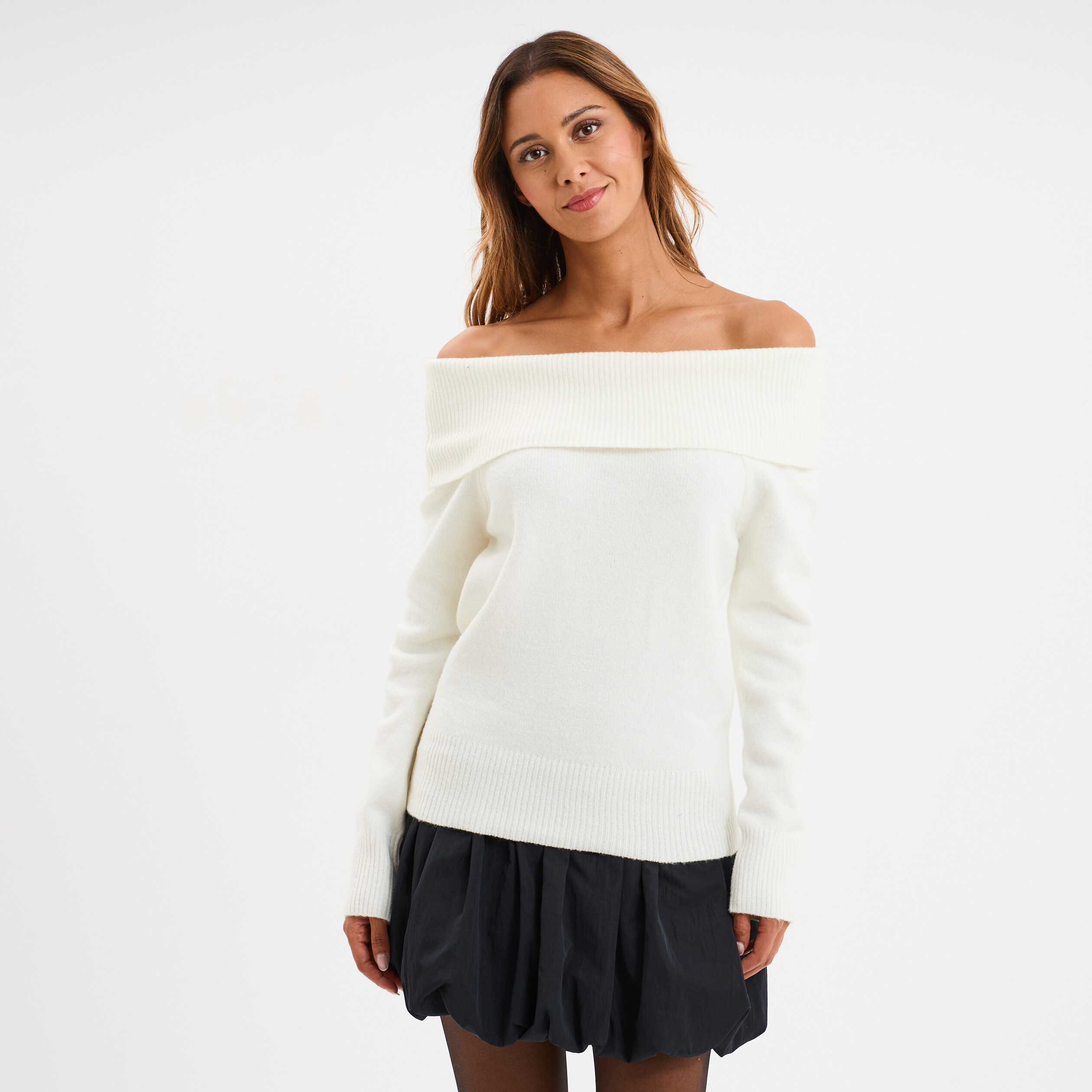 pull col bardot cintree manches longues blanc femme Pull col bardot cintrée manches longues blanc femme