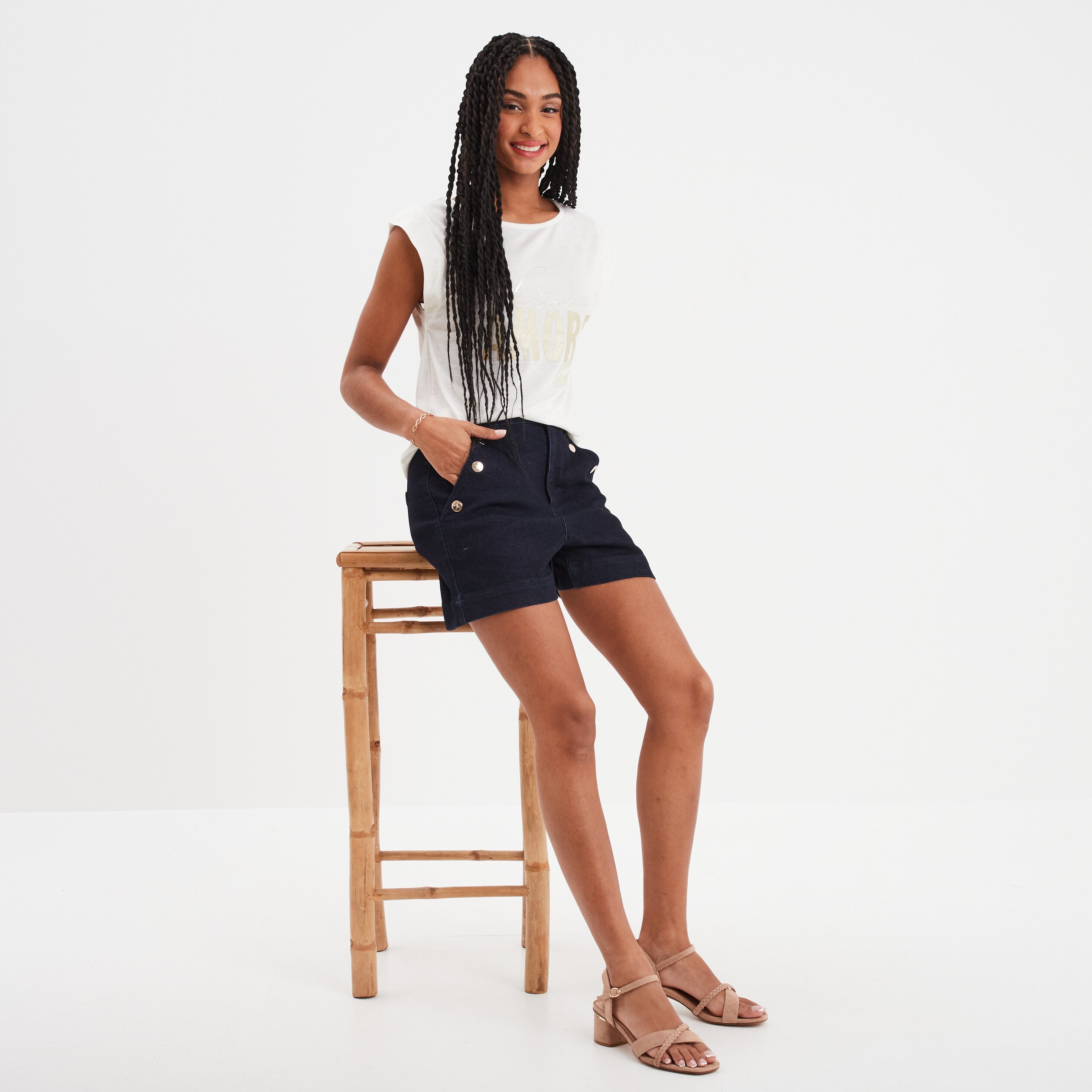 short en jean poches a pont denim brut femme Short en jean poches à pont denim brut femme