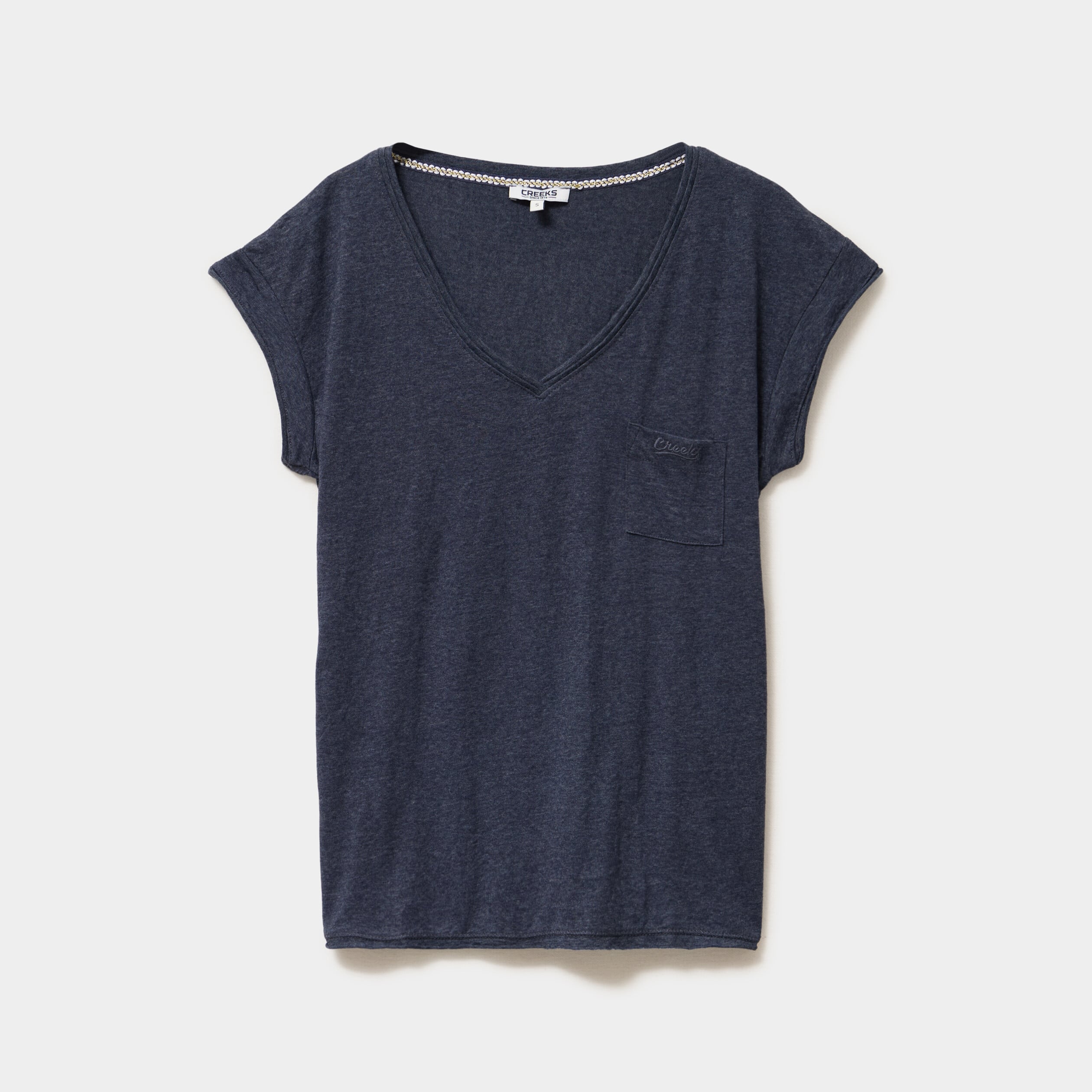 T-shirt col v poche poitrine bleu marine femme