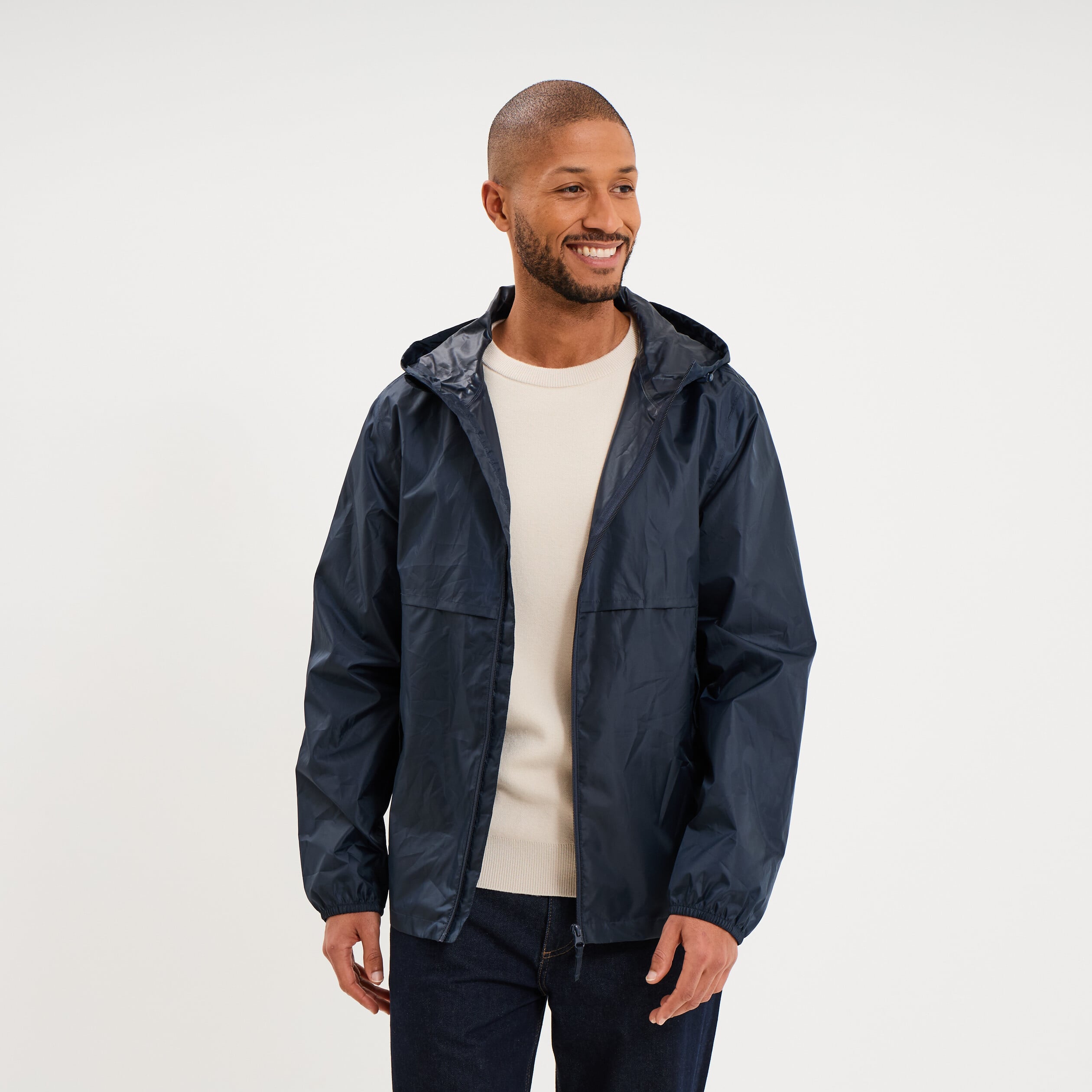 Veste coupe-vent imperm&eacute;able &agrave; capuche bleu marine mixte