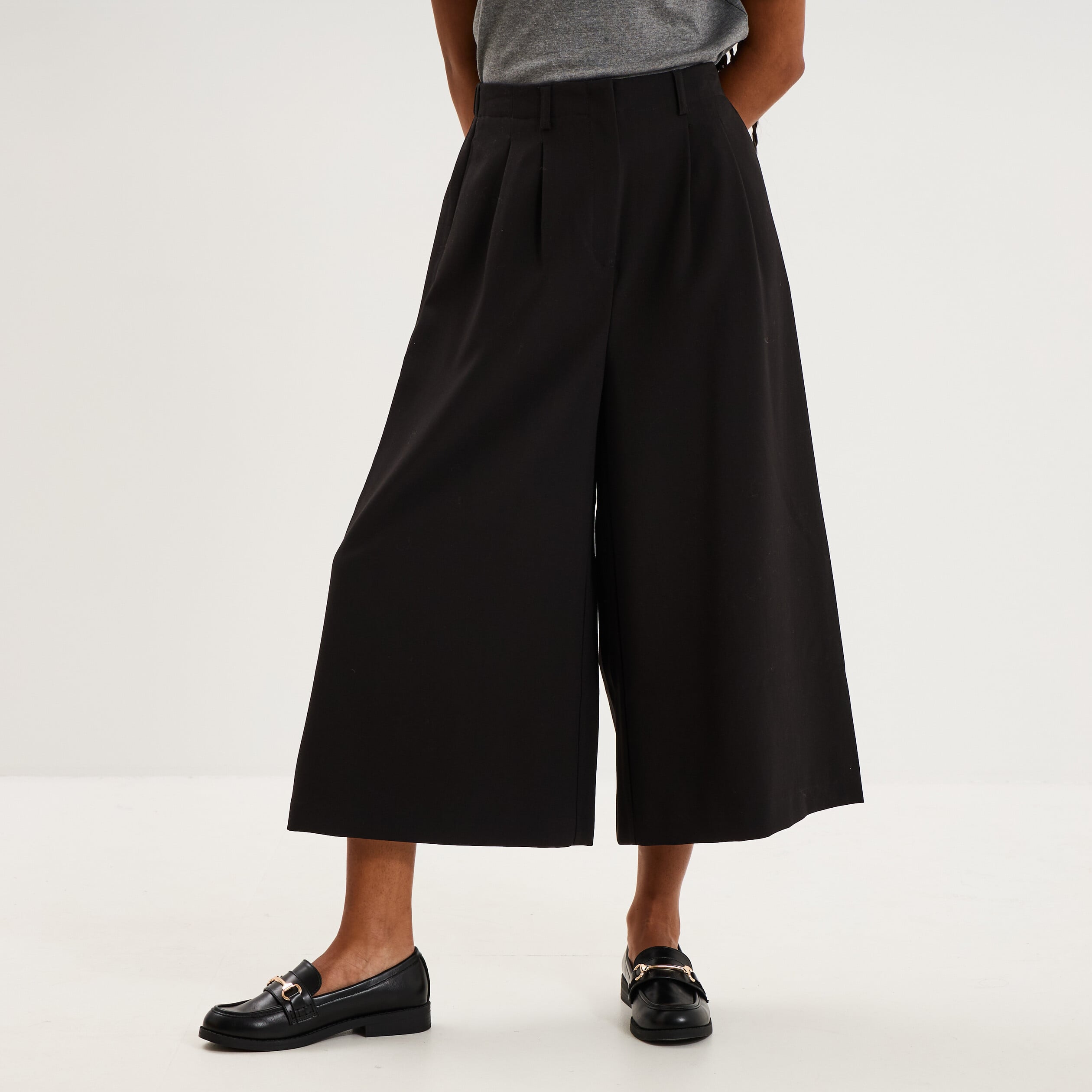 Pantalon culotte large taille haute noir femme