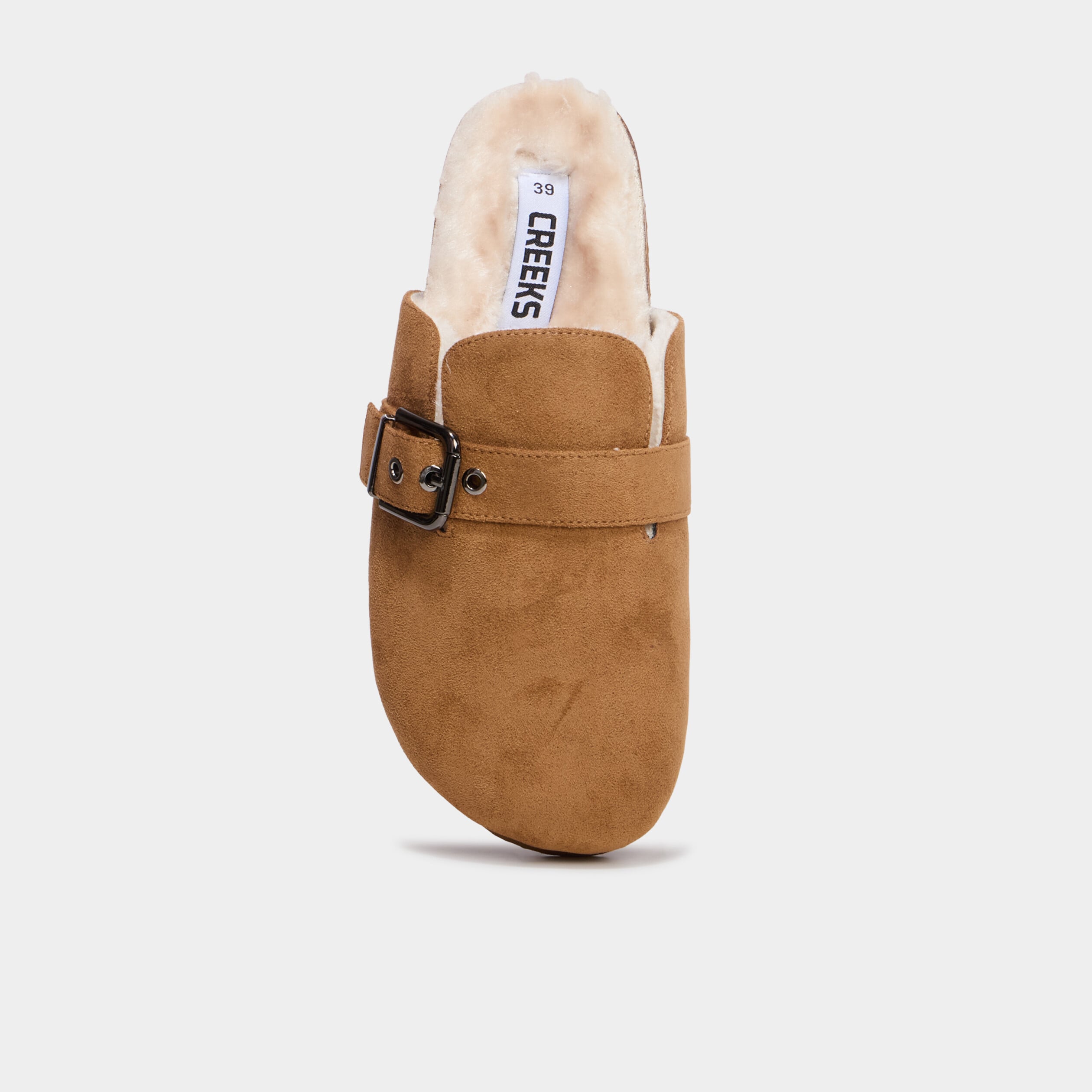 Mules fourr&eacute;es avec boucles marron femme