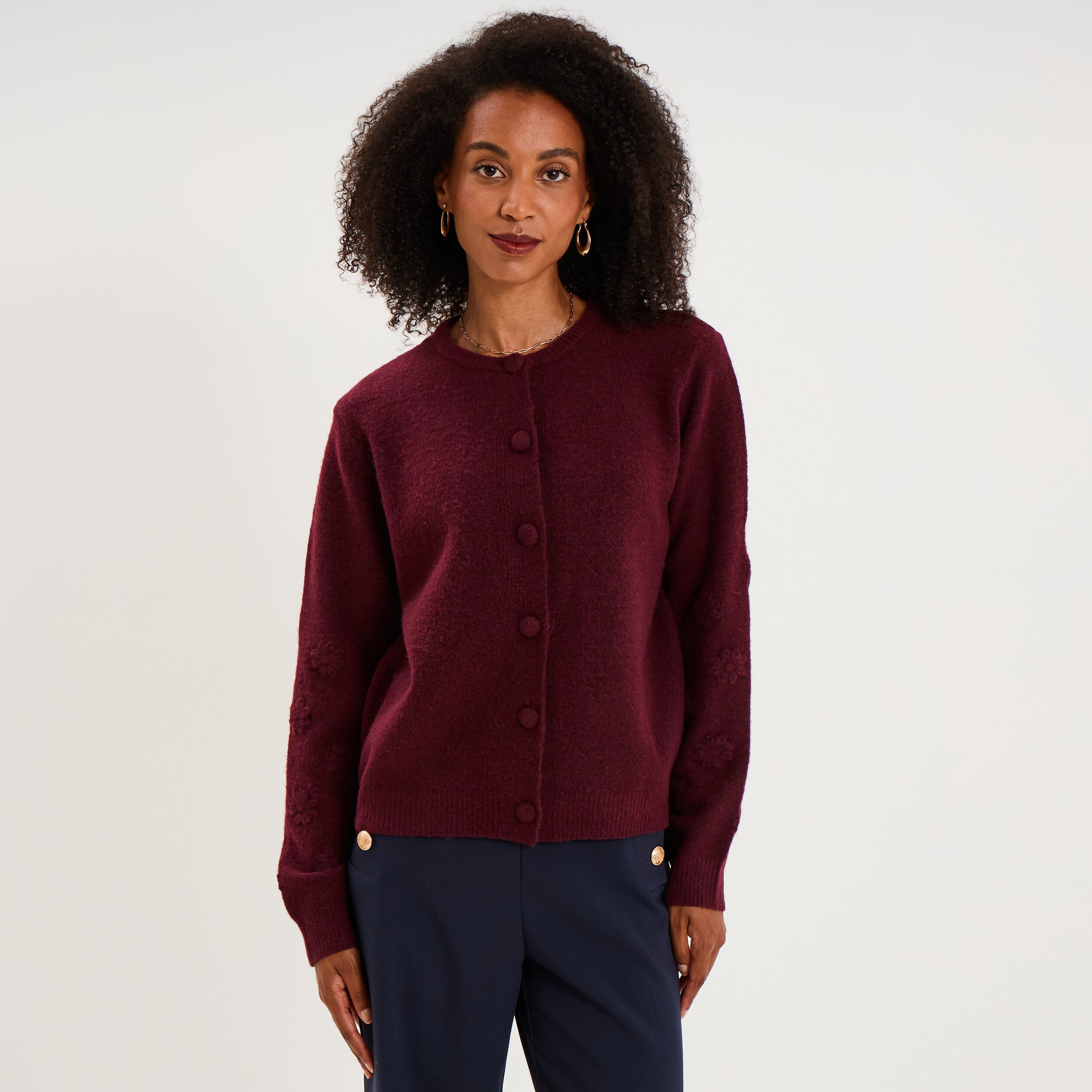 Gilet col rond boutonn&eacute; manches longues violet fonc&eacute; femme
