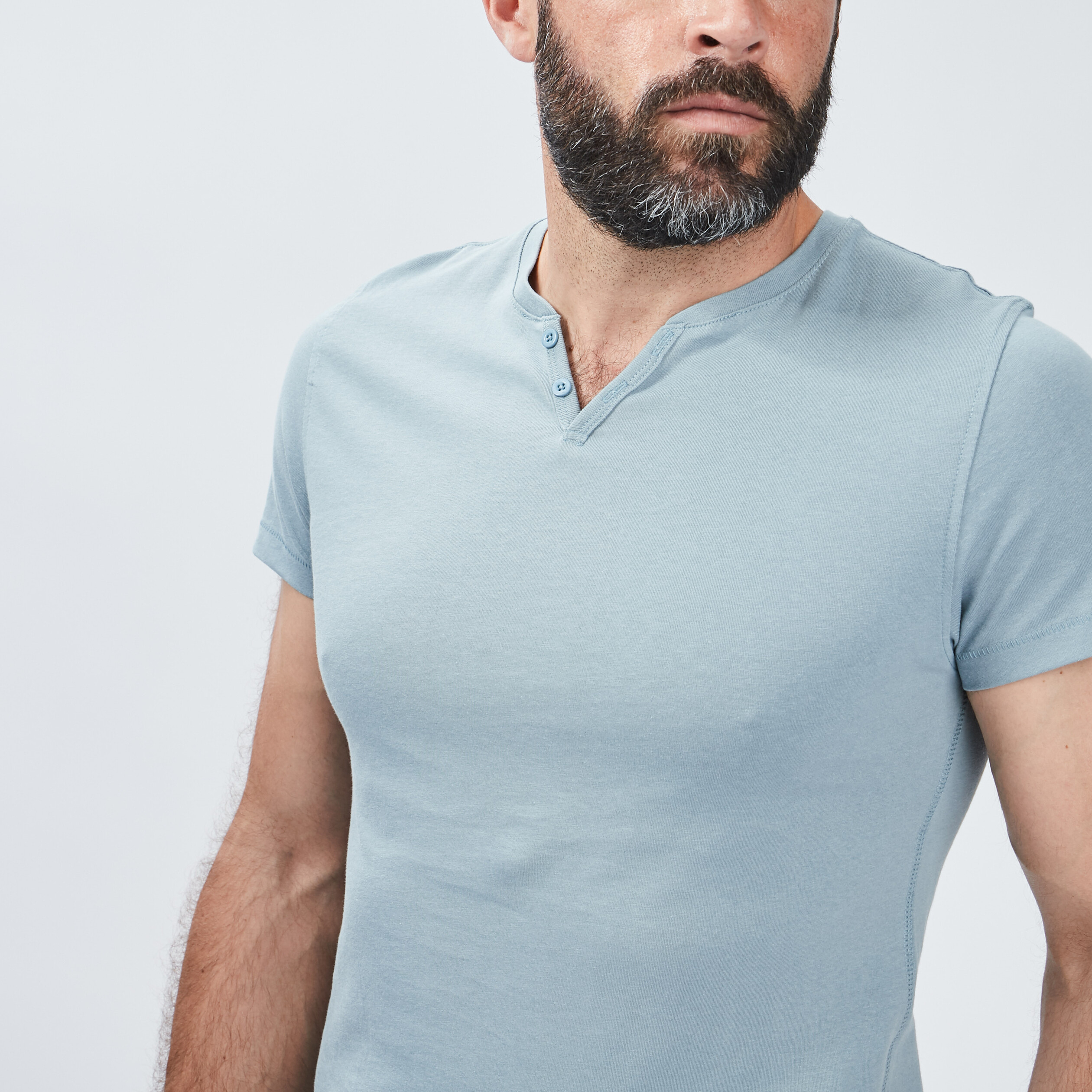 t shirt manches courtes col tunisien bleu gris homme T-shirt manches courtes col tunisien bleu gris homme