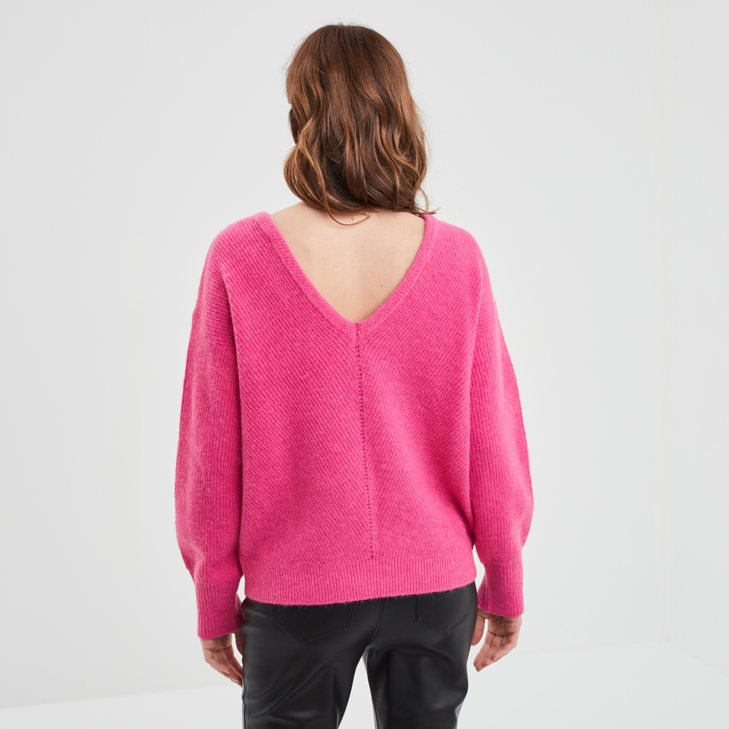 Pull col réversible rose fushia femme