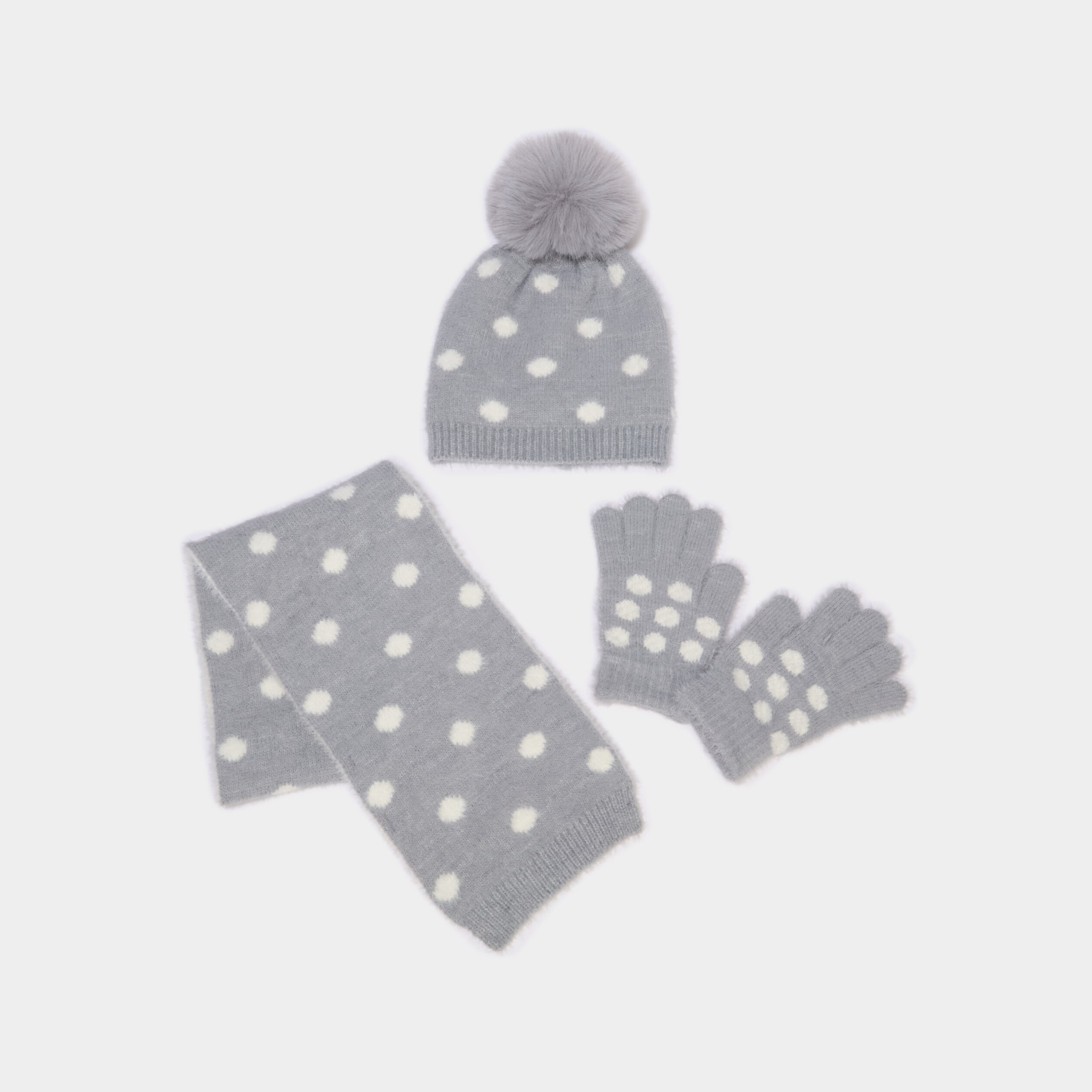 Ensemble &eacute;charpe, bonnet pompon et gants gris fille