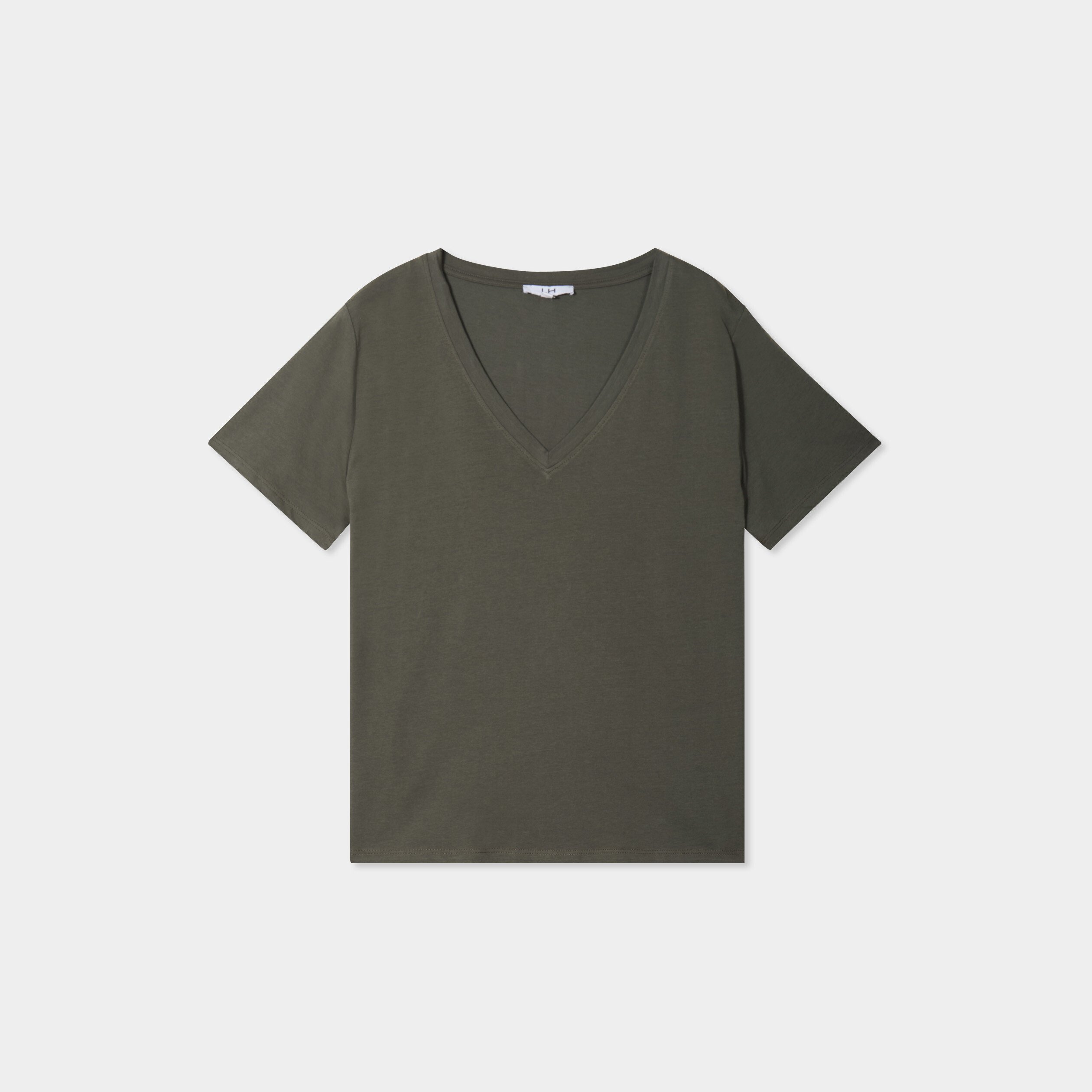 t shirt manches courtes col en v coton vert kaki femme T-shirt manches courtes col en V coton vert kaki femme