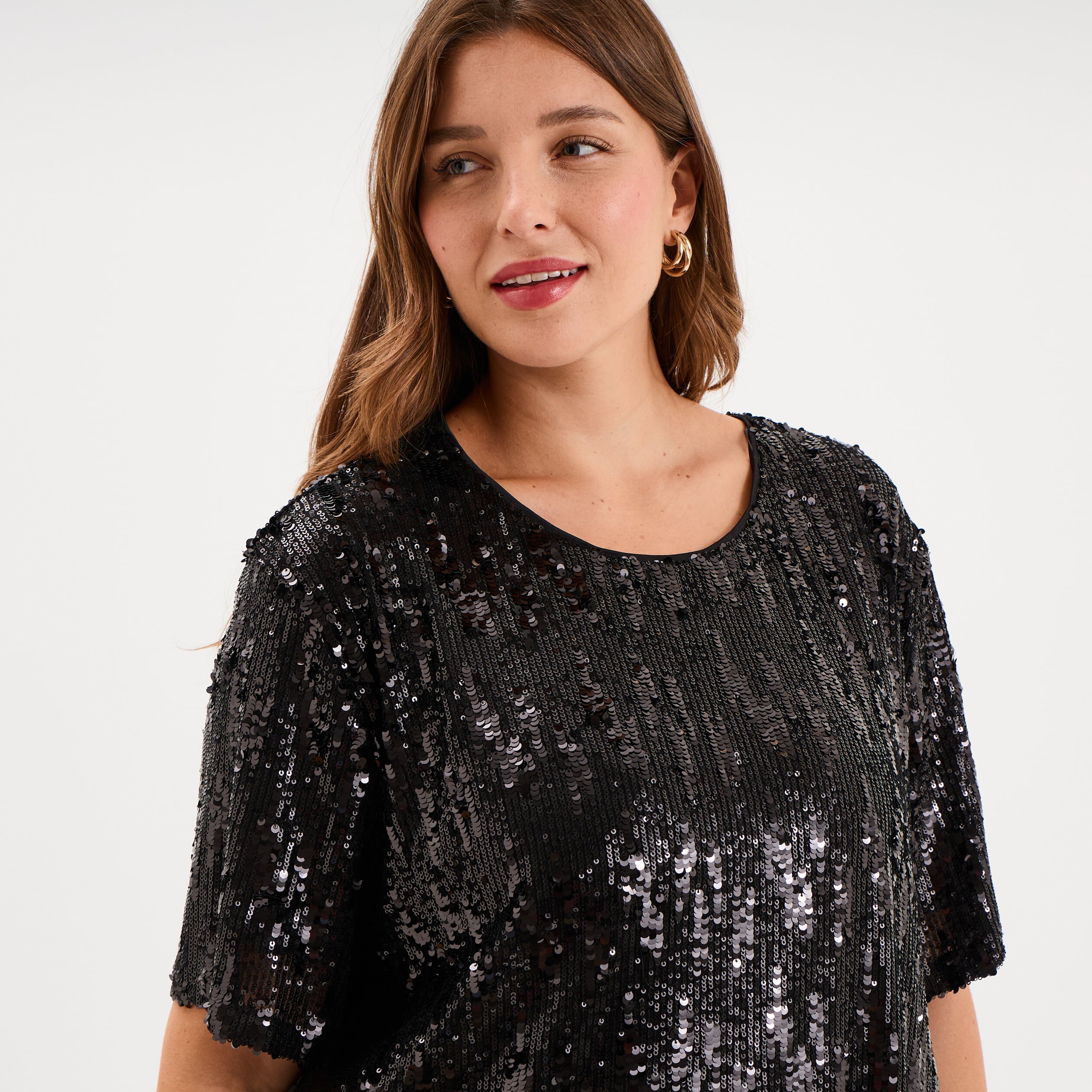 T-shirt sequins manches courtes loose noir femme grande taille