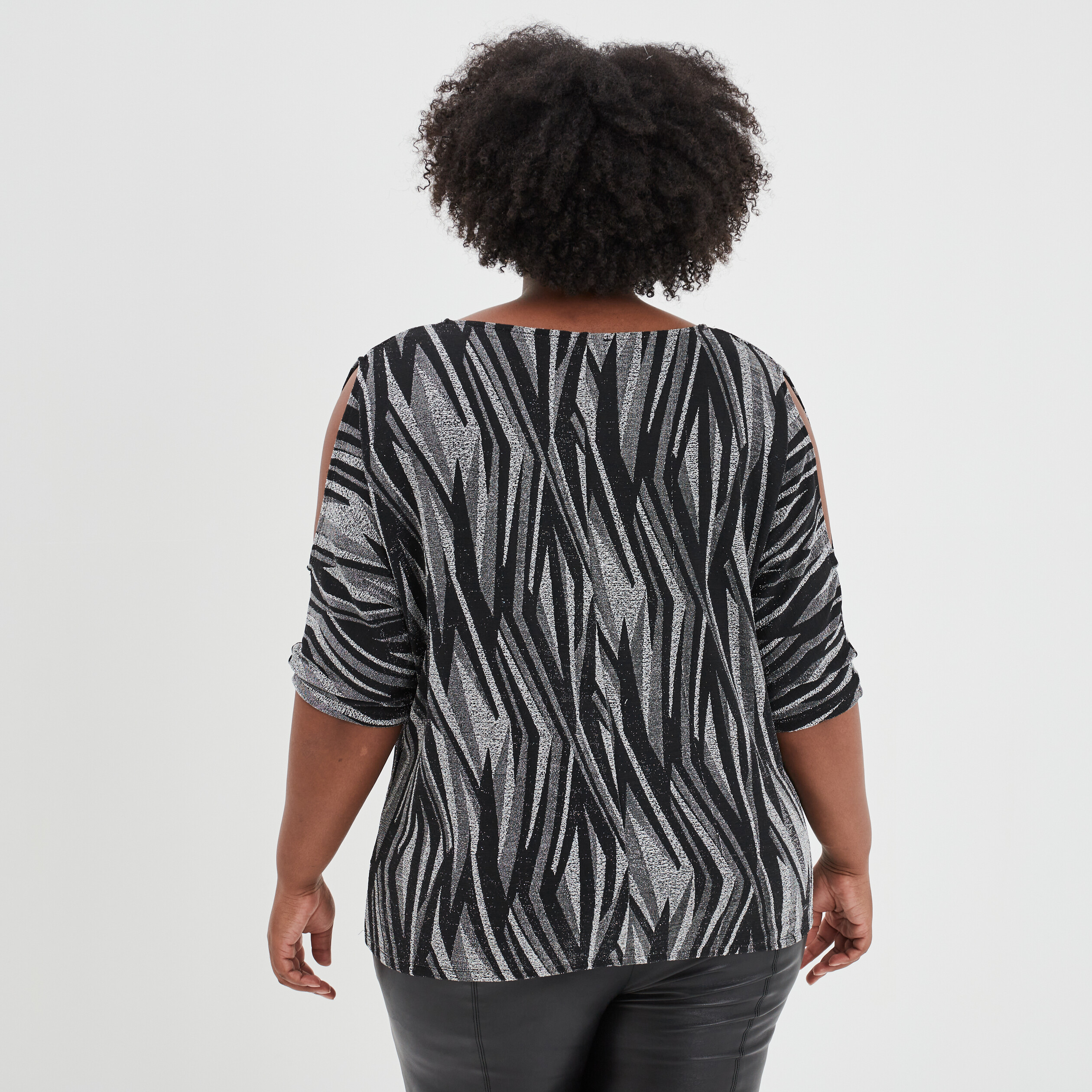T-shirt col V avec ouvertures épaules noir femme grande taille