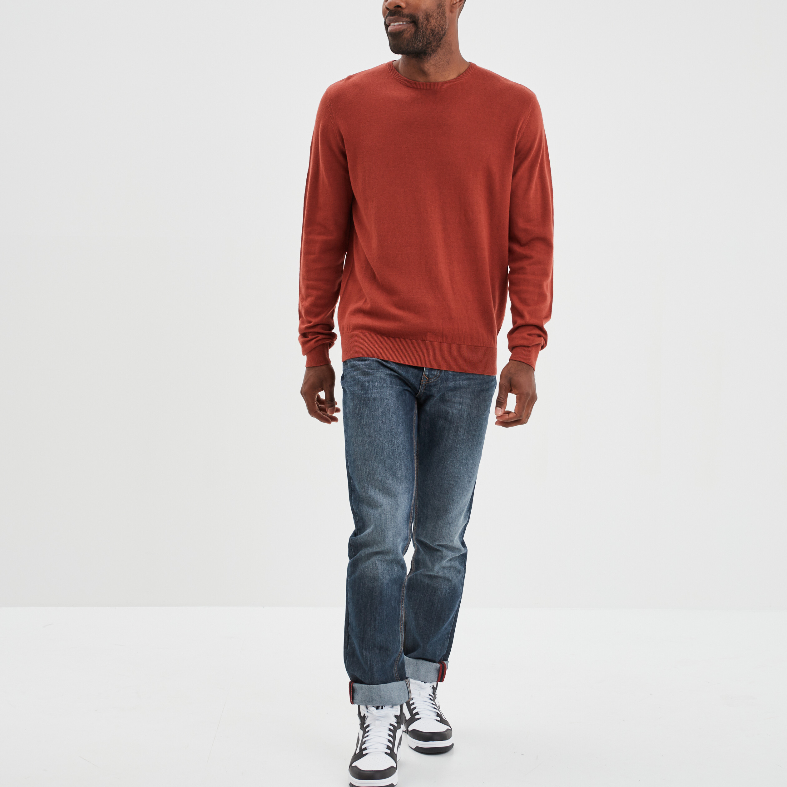pull droit col rond coton melange marron cognac homme Pull droit col rond coton mélangé marron cognac homme