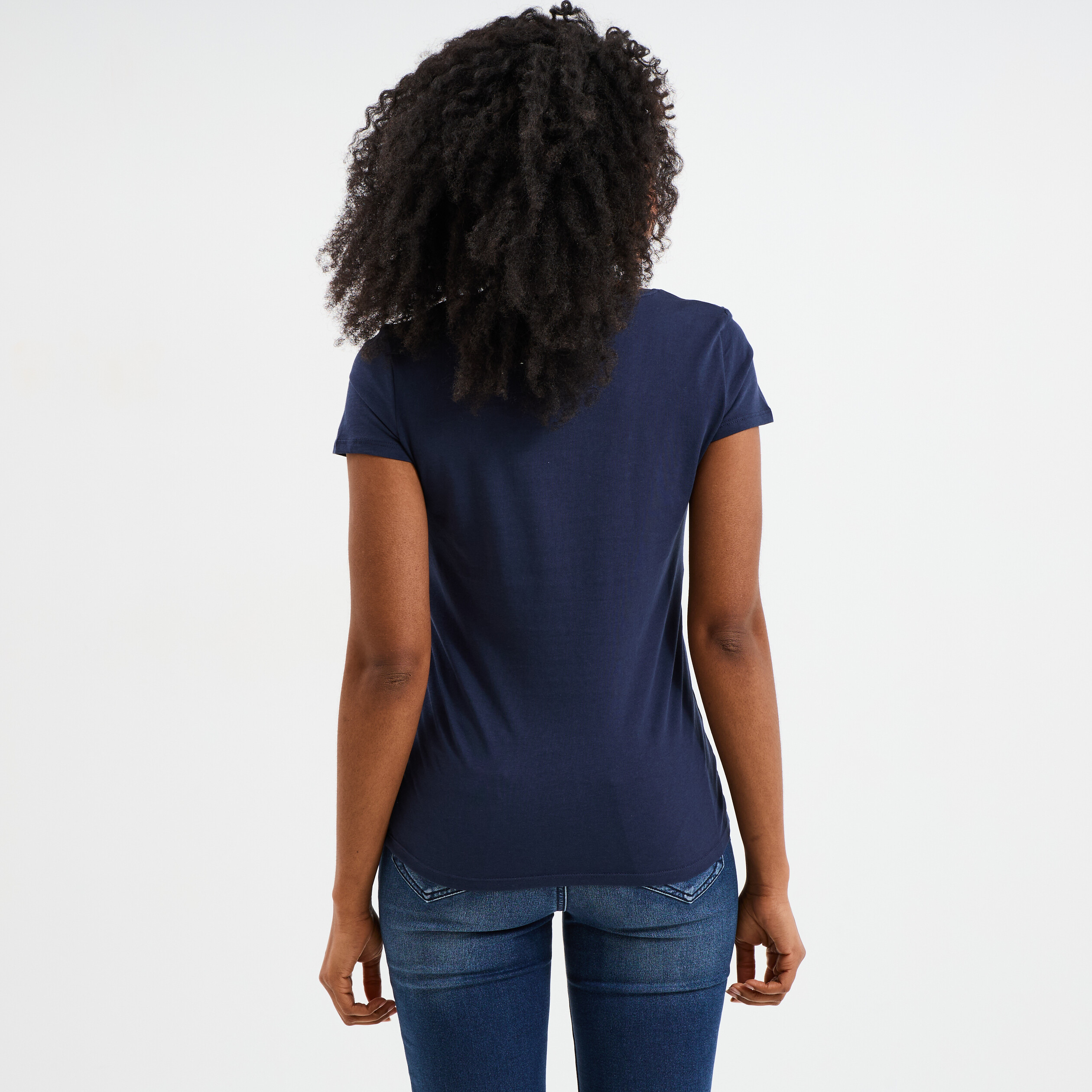 T-shirt coton col rond manches courtes bleu marine femme