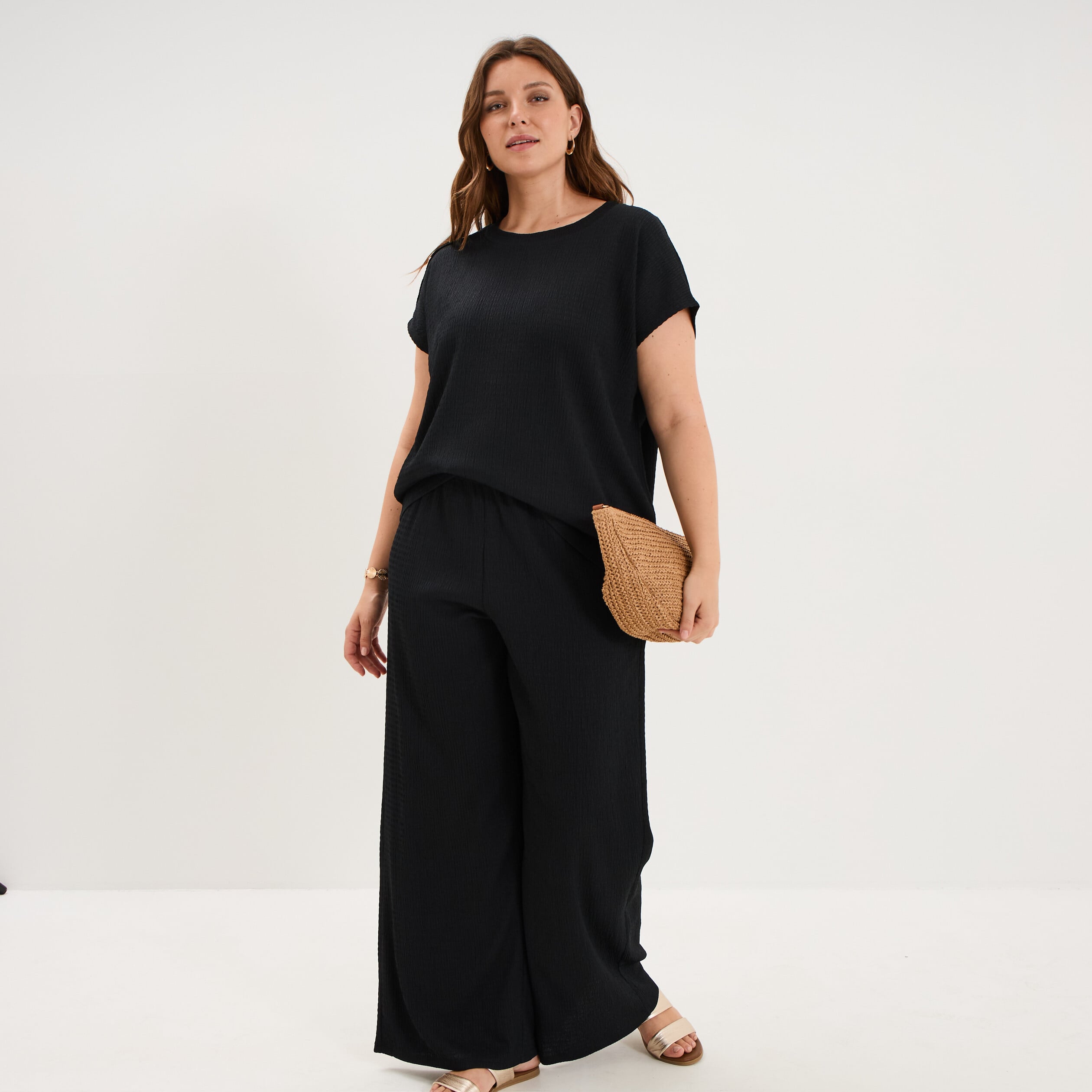 T-shirt manches courtes gaze de coton noir femme grande taille