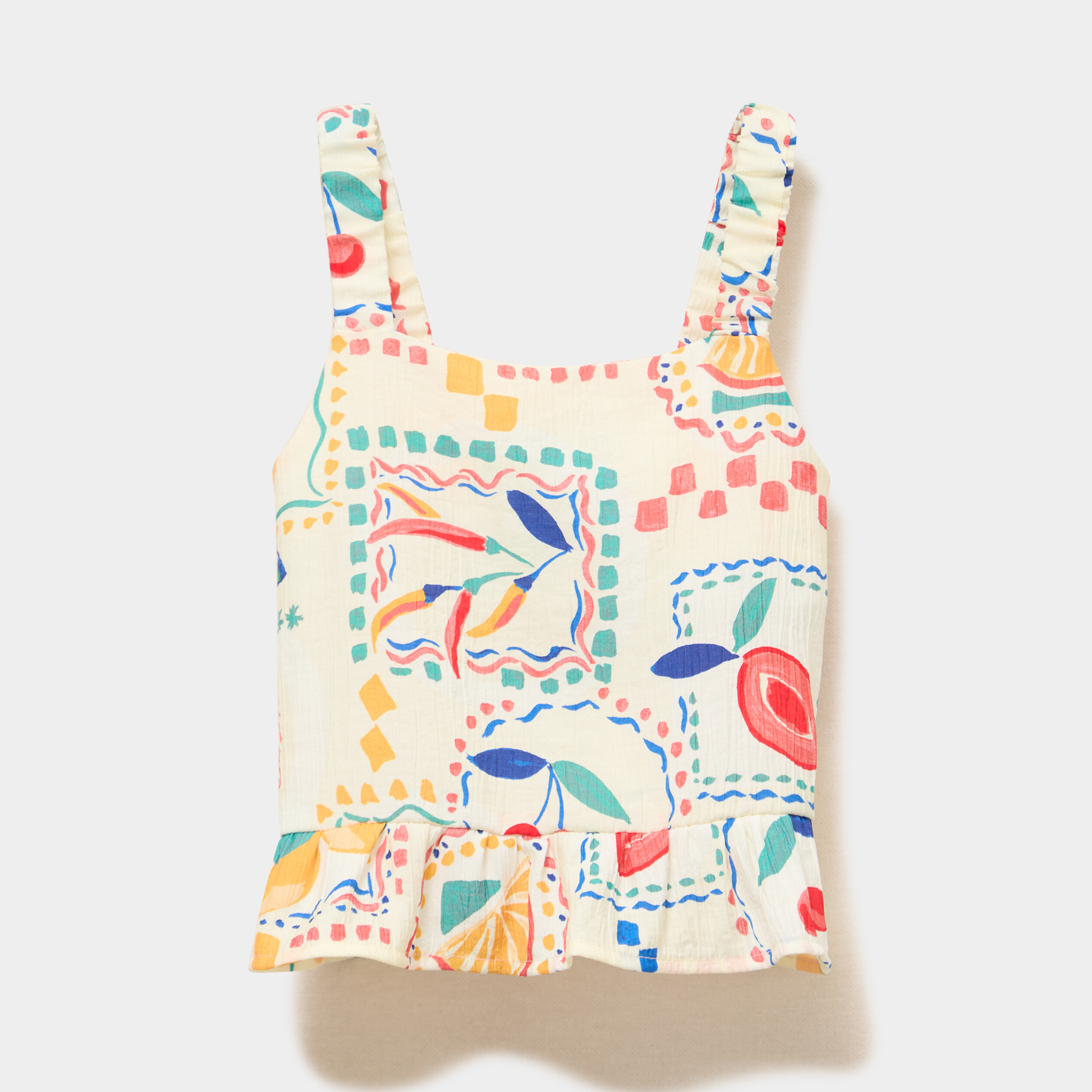 Blouse &agrave; larges bretelles et volants beige fille