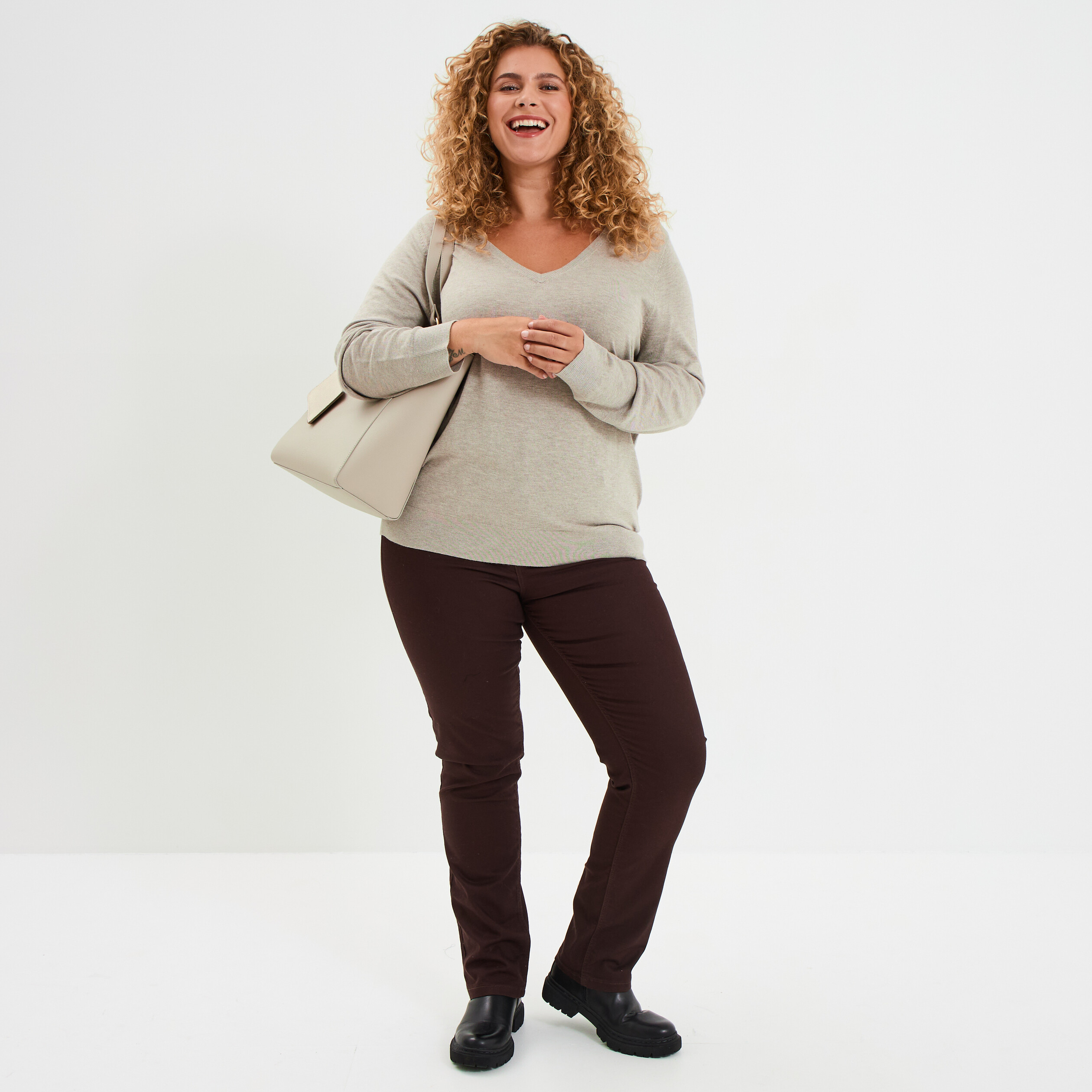 pantalon straight taille haute modavista marron fonce femmegt Pantalon straight taille haute Modavista marron foncé femme grande taille