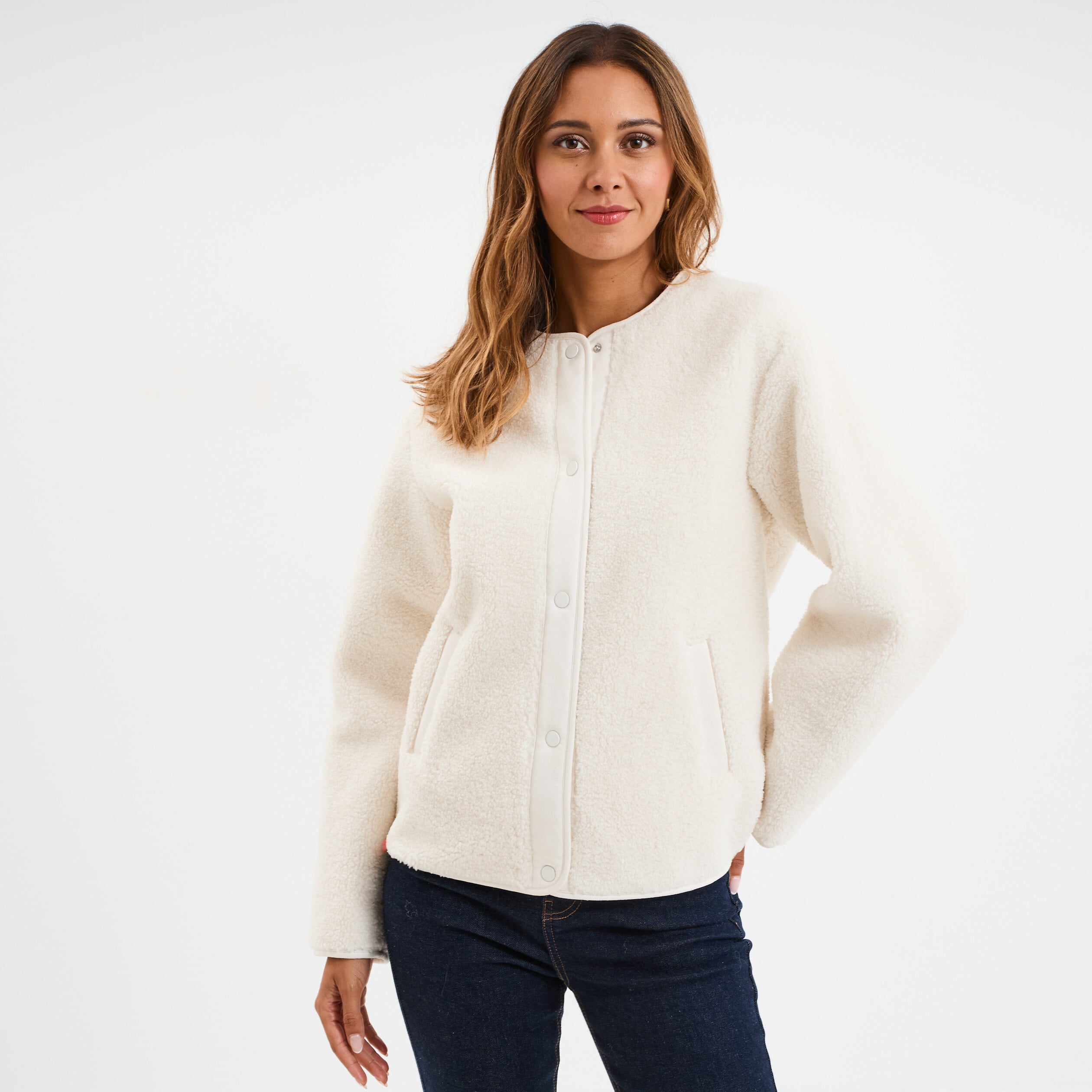 Veste effet polaire boutonn&eacute;e col rond ecru femme