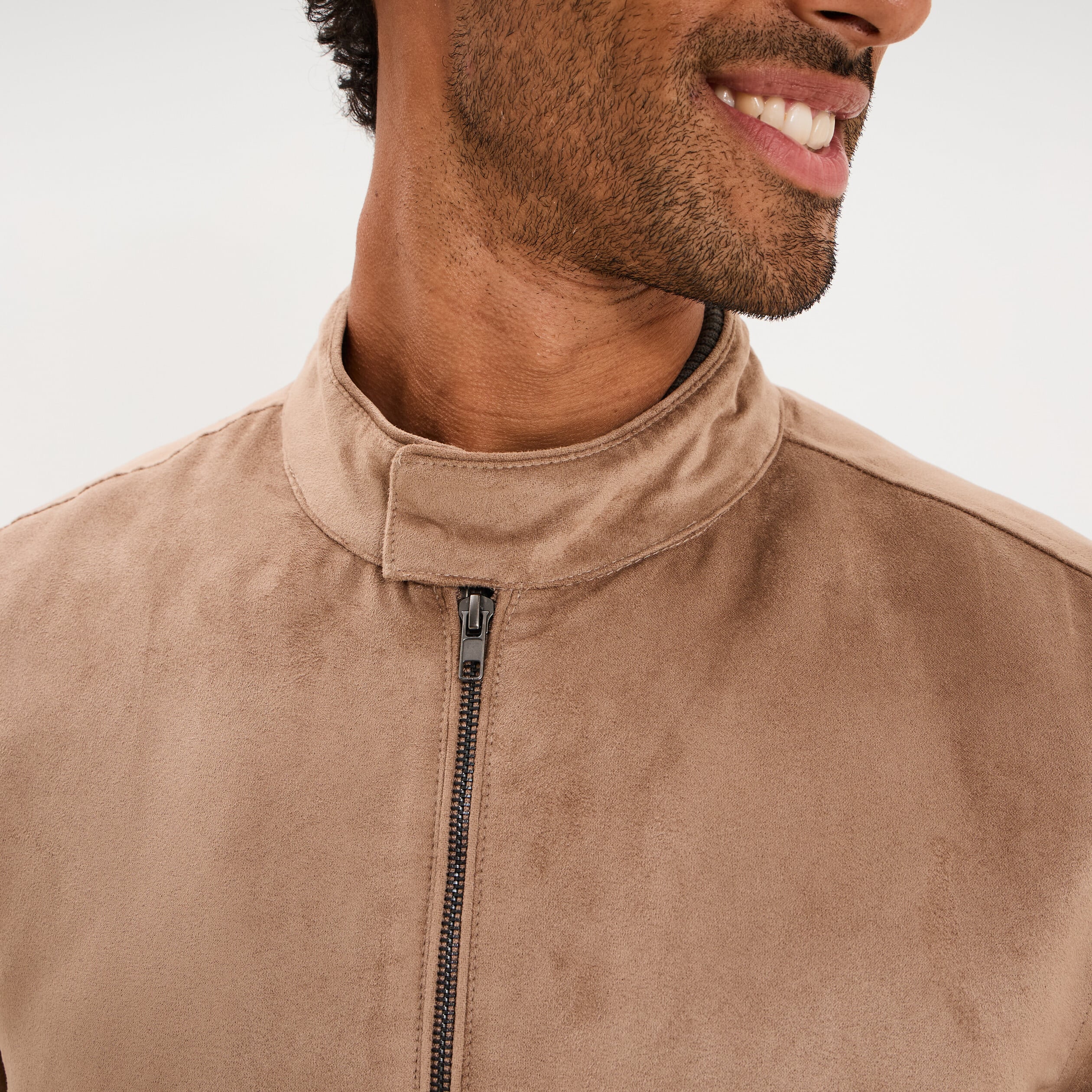 Blouson col biker en su&eacute;dine zipp&eacute; taupe homme