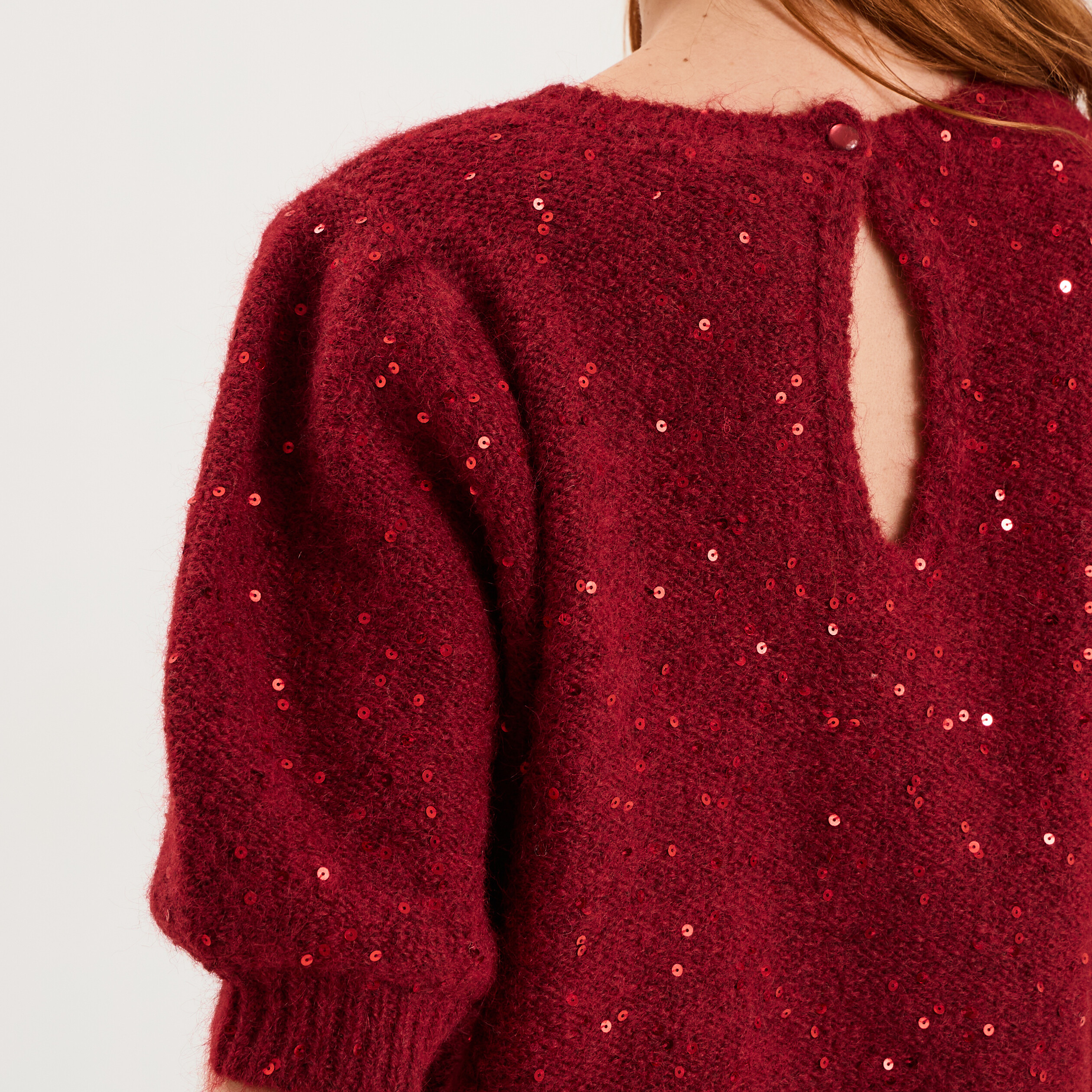 Pull sequins et manches courtes ballons rouge femme
