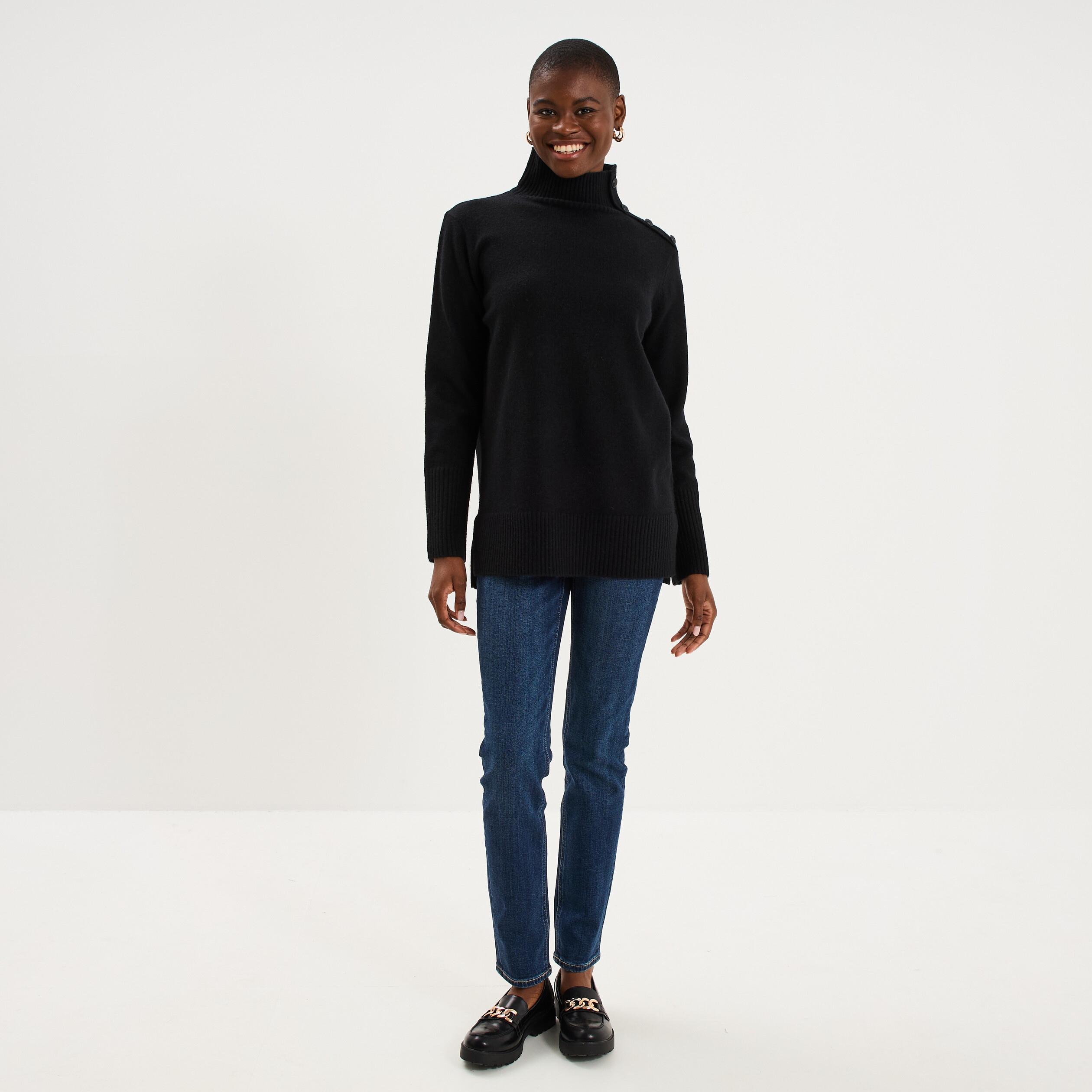 Pull col montant &agrave; boutons noir femme