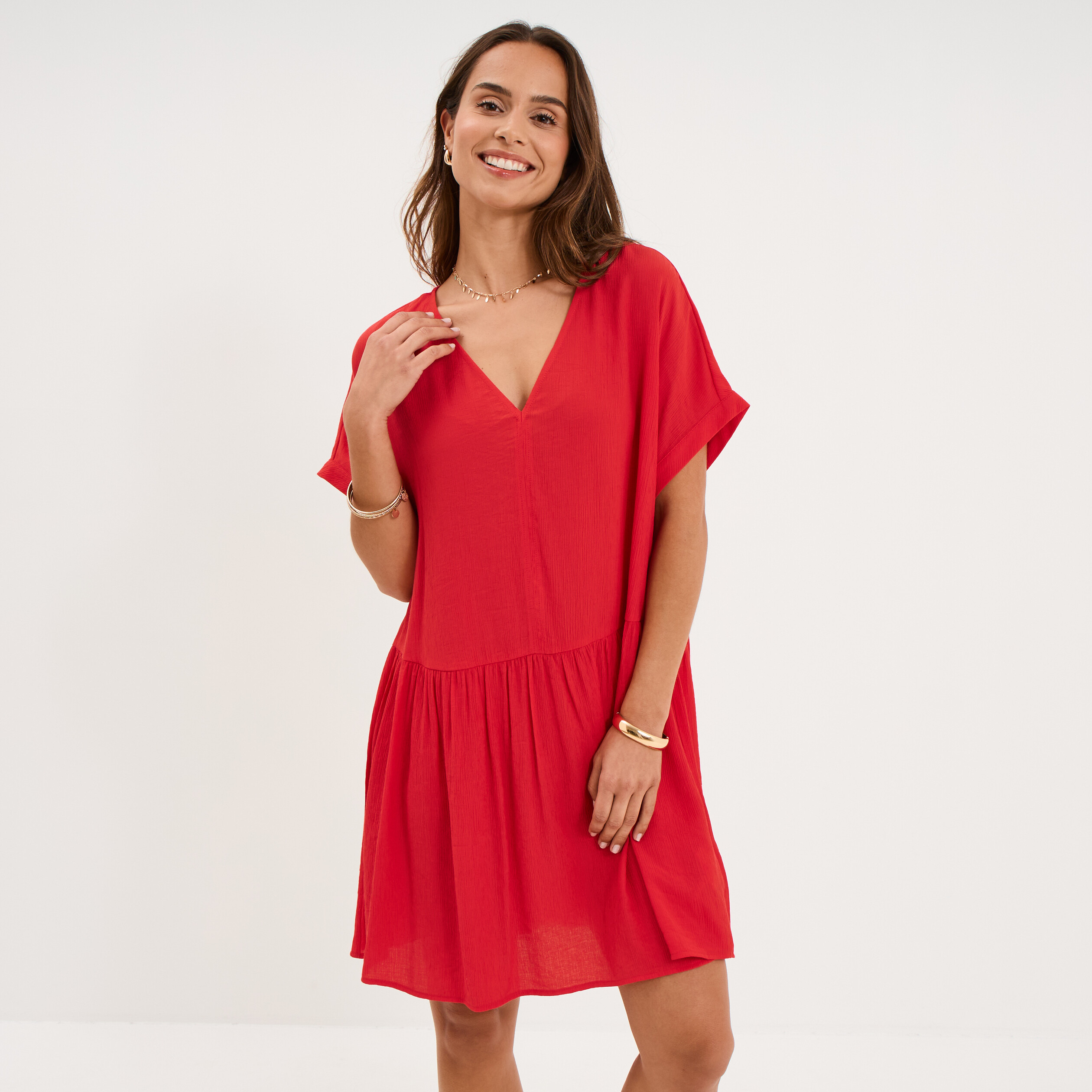 Robe courte fluide manches courtes rouge femme