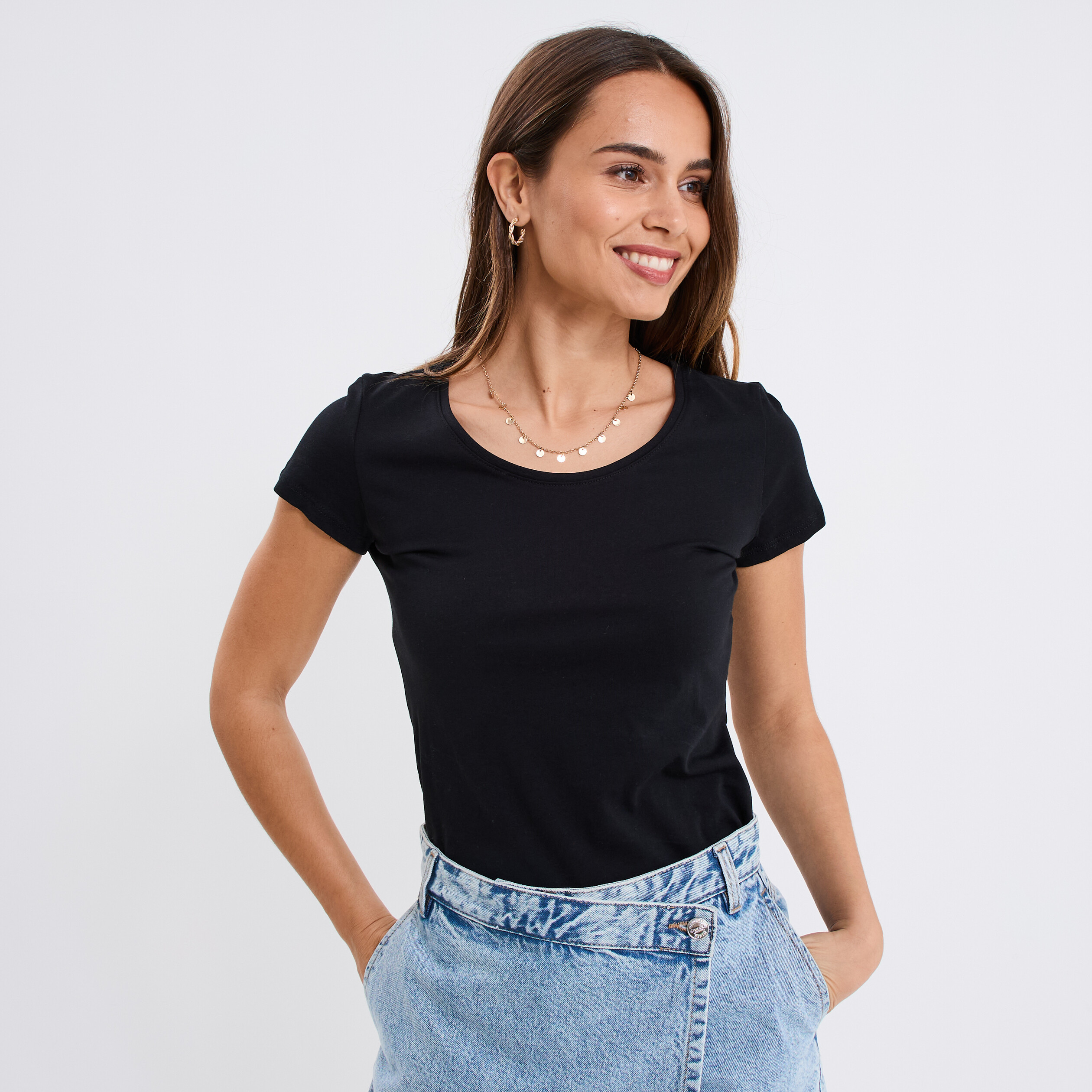 T-shirt coton col rond manches courtes noir femme