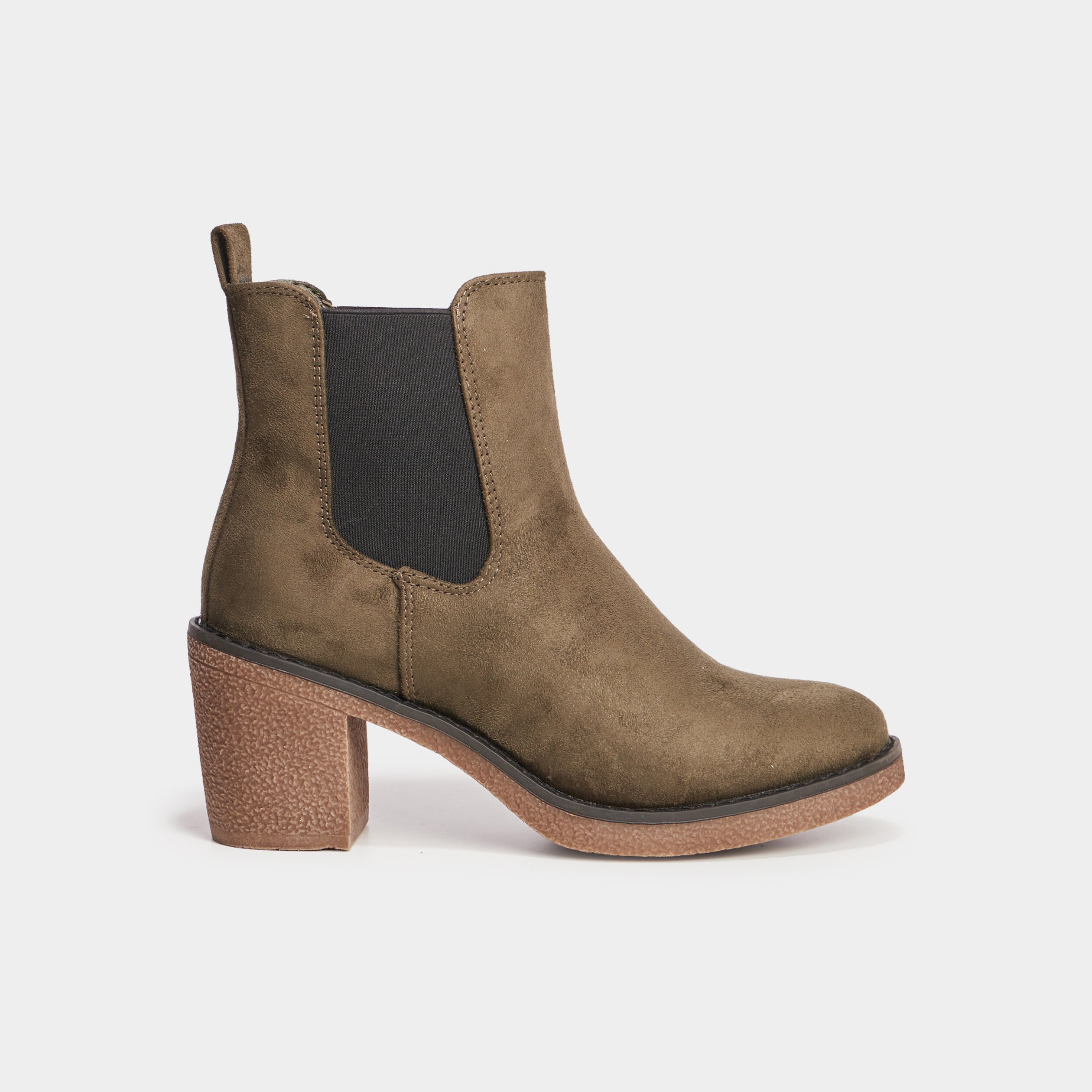 Bottines chelsea &agrave; talons aspect su&eacute;dine vert kaki femme