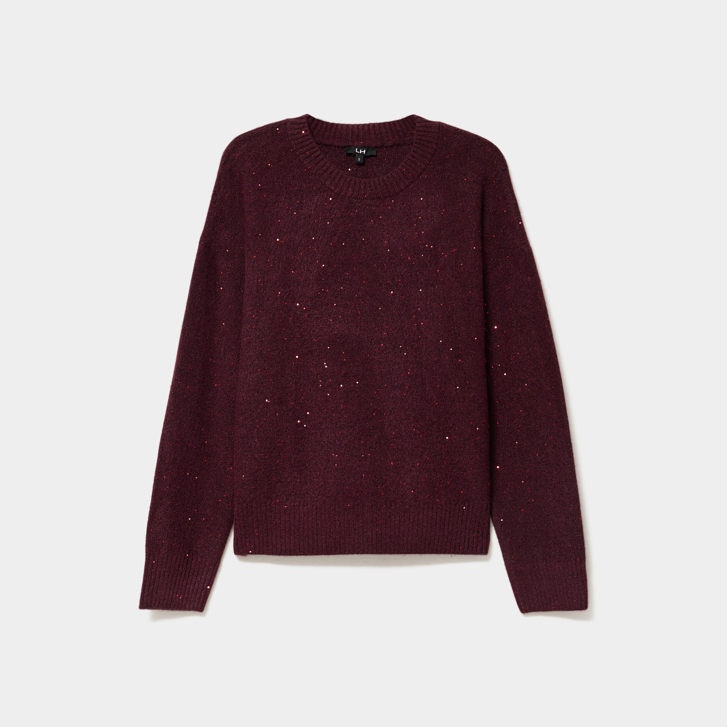 Pull col rond paillettes fils m&eacute;tallis&eacute;s bordeaux femme