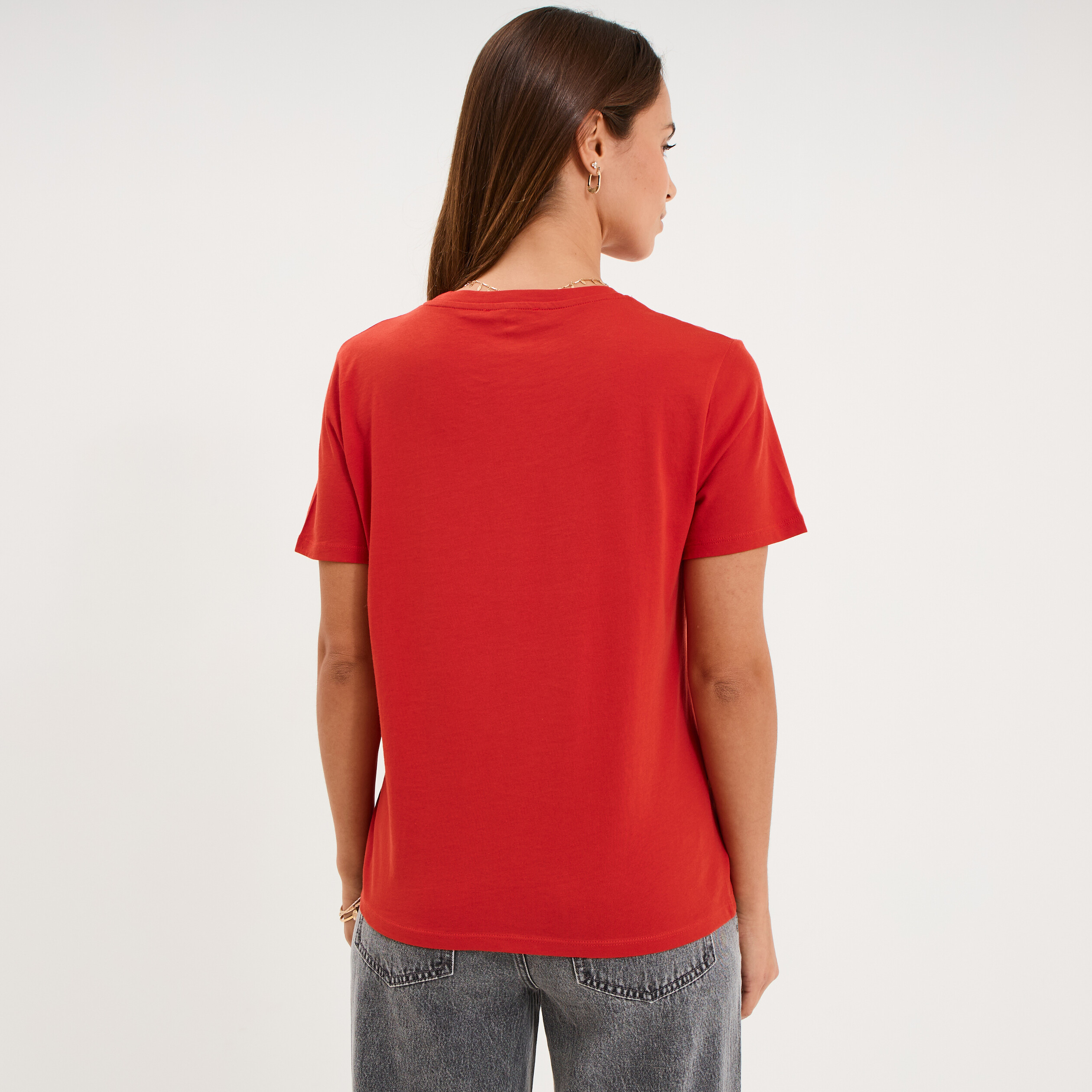 T-shirt col rond manches courtes coton rouge femme