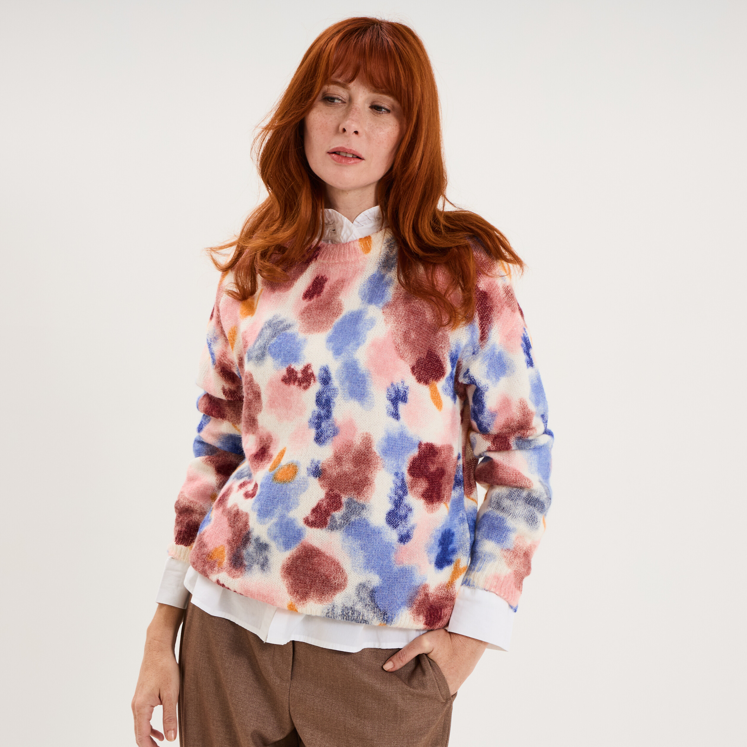 Pull col rond manches longues relax rose framboise femme