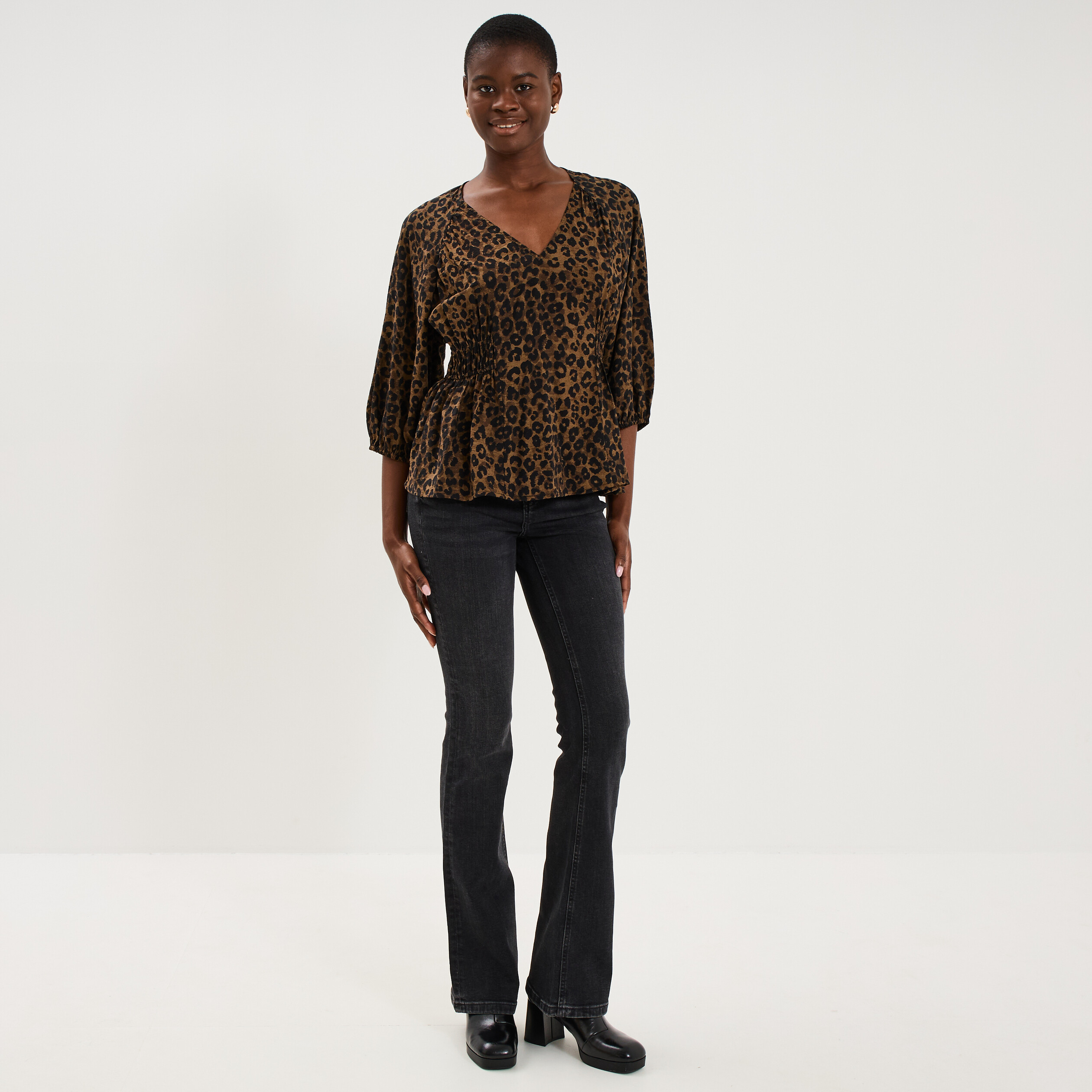 Blouse oversize &eacute;lastiqu&eacute;e manches 3/4 vert kaki femme