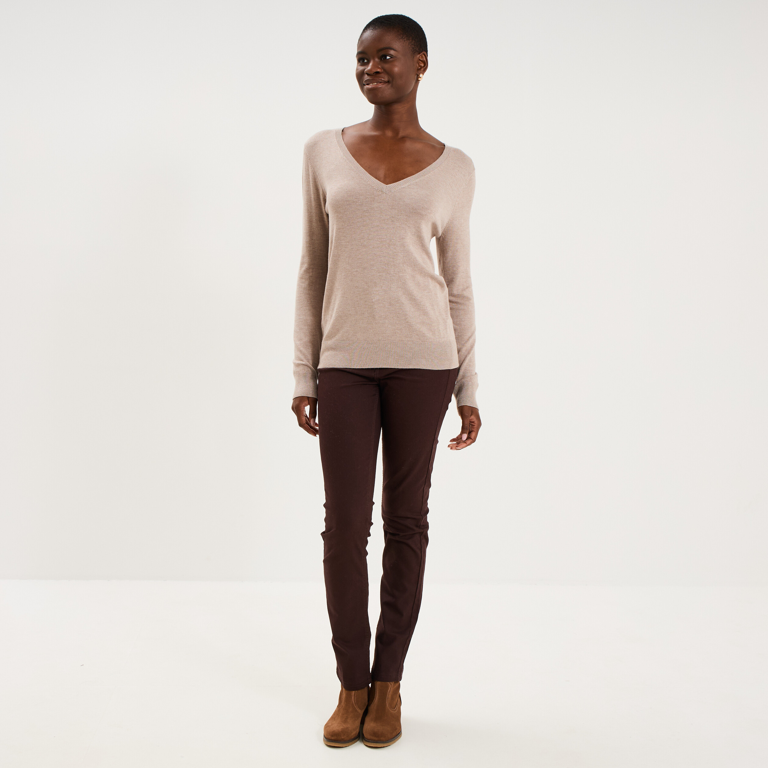 Pantalon slim stretch marron fonc&eacute; femme