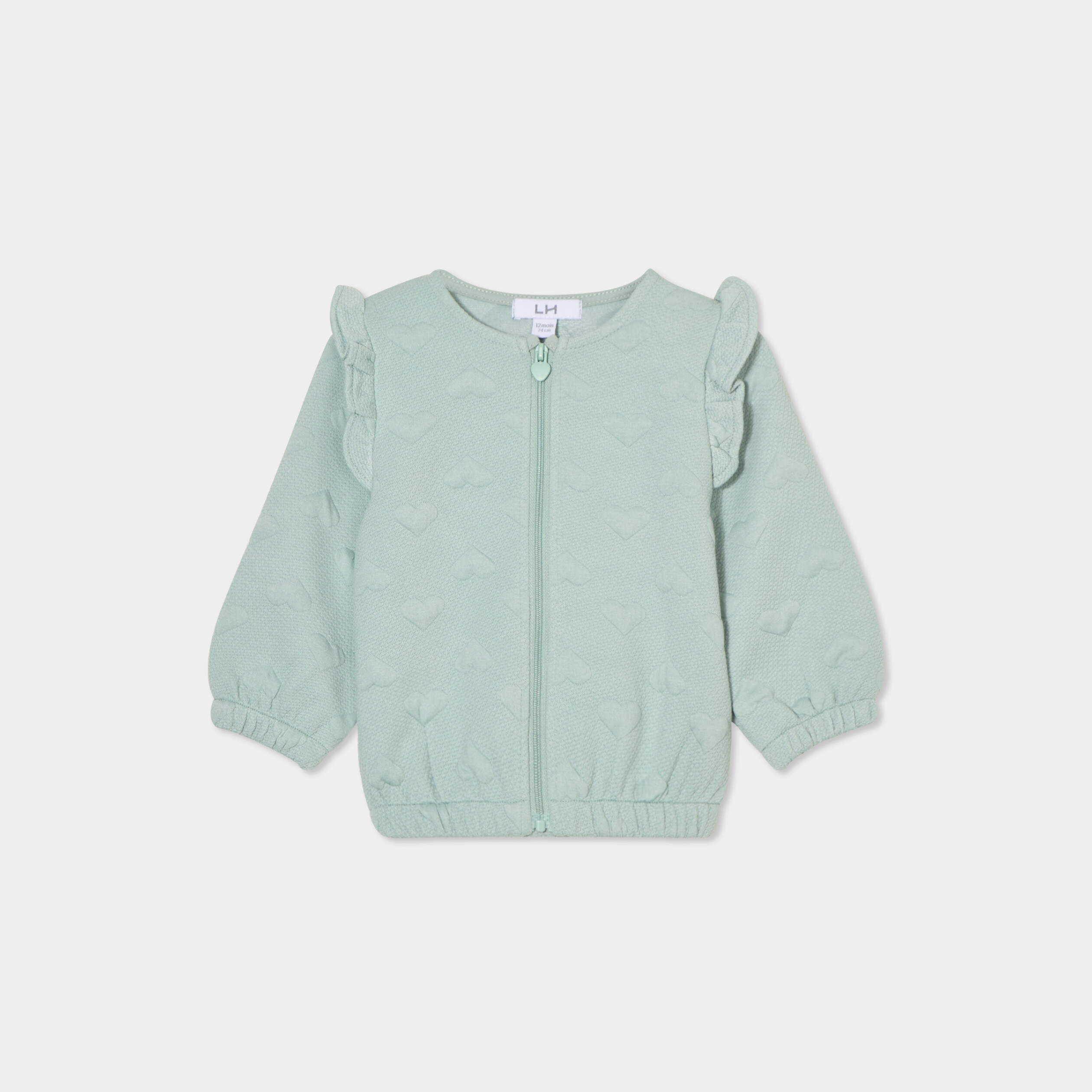 Gilet zipp&eacute; matelass&eacute; coeur &agrave; volants vert pastel b&eacute;b&eacute; fille