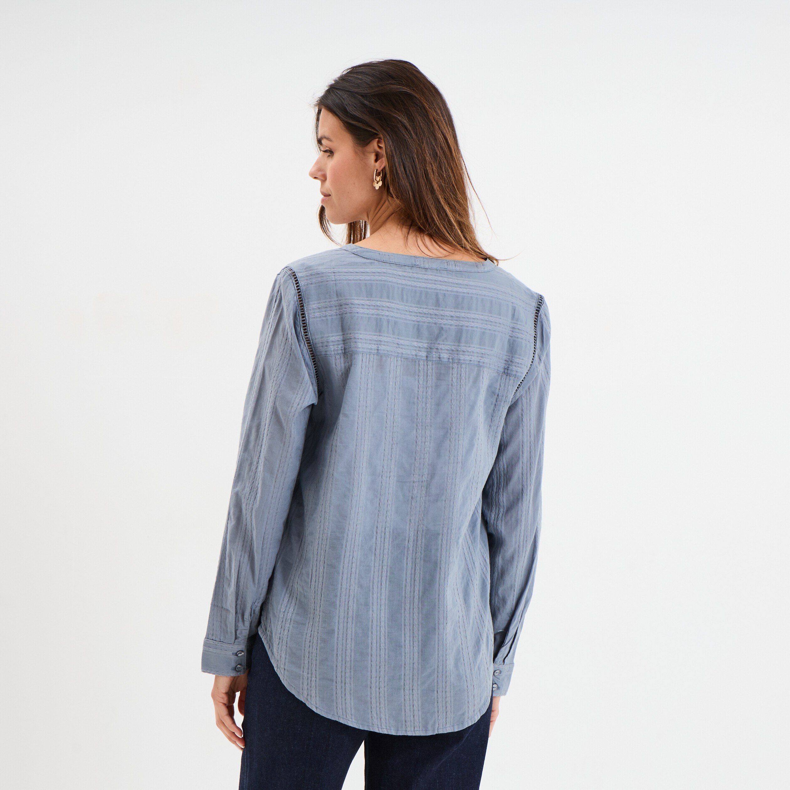 blouse droite col mao coton bleu gris femme Blouse droite col mao coton bleu gris femme